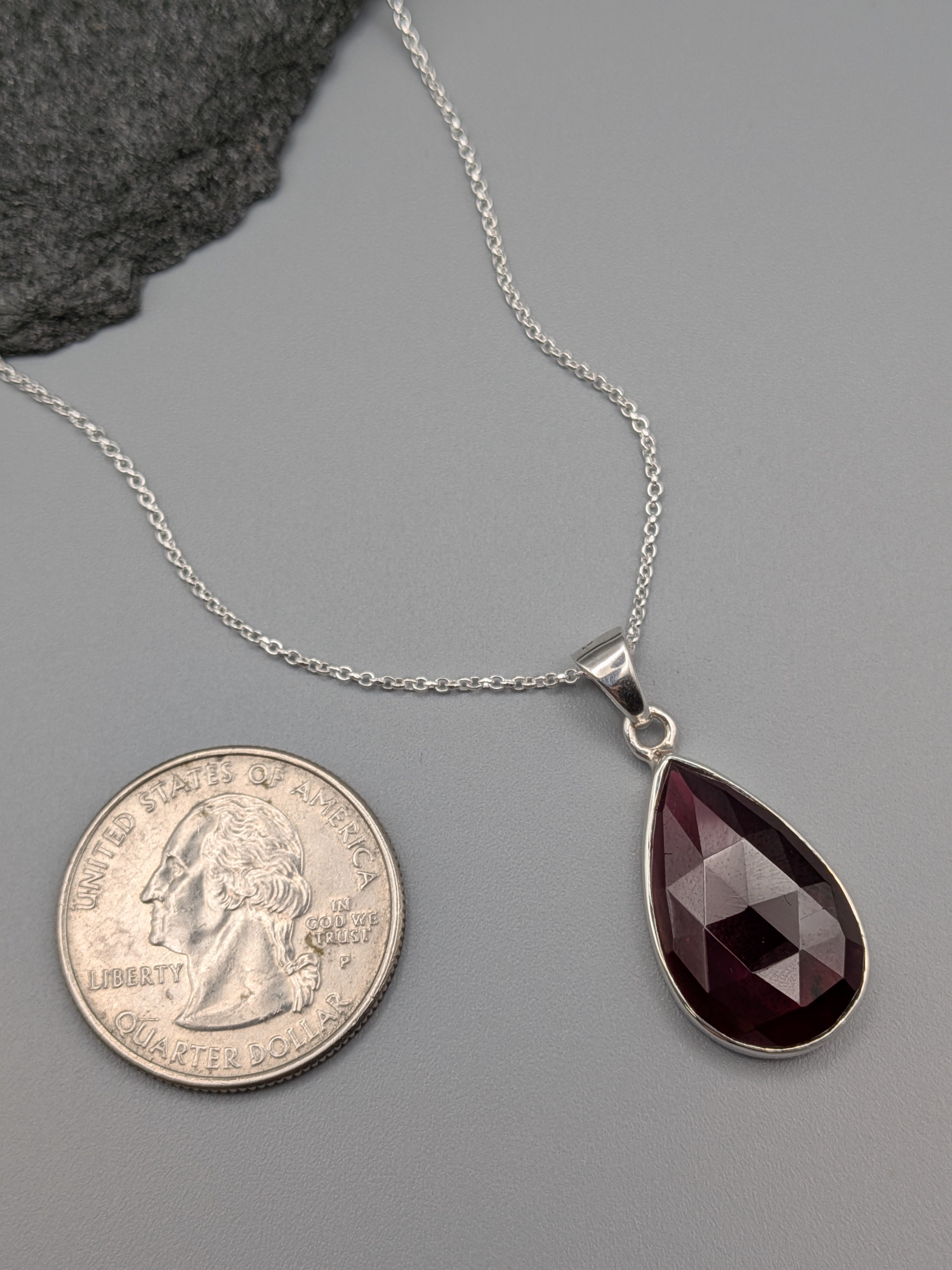 •GARNET - FACETED TEAR - 2• silver necklace (18" long)