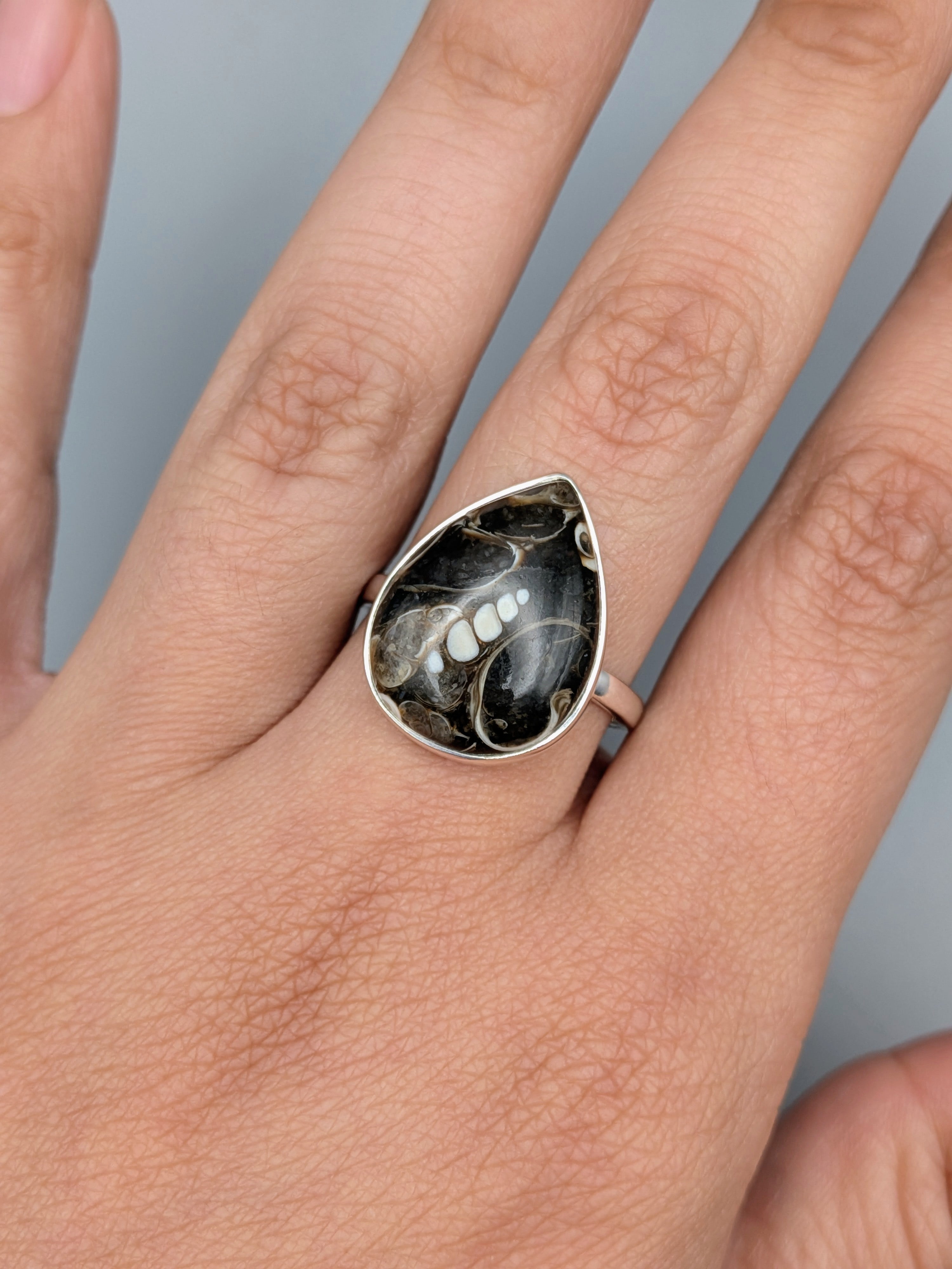 •TURRITELLA FOSSIL - TEAR• simple bezel silver ring (size 10)