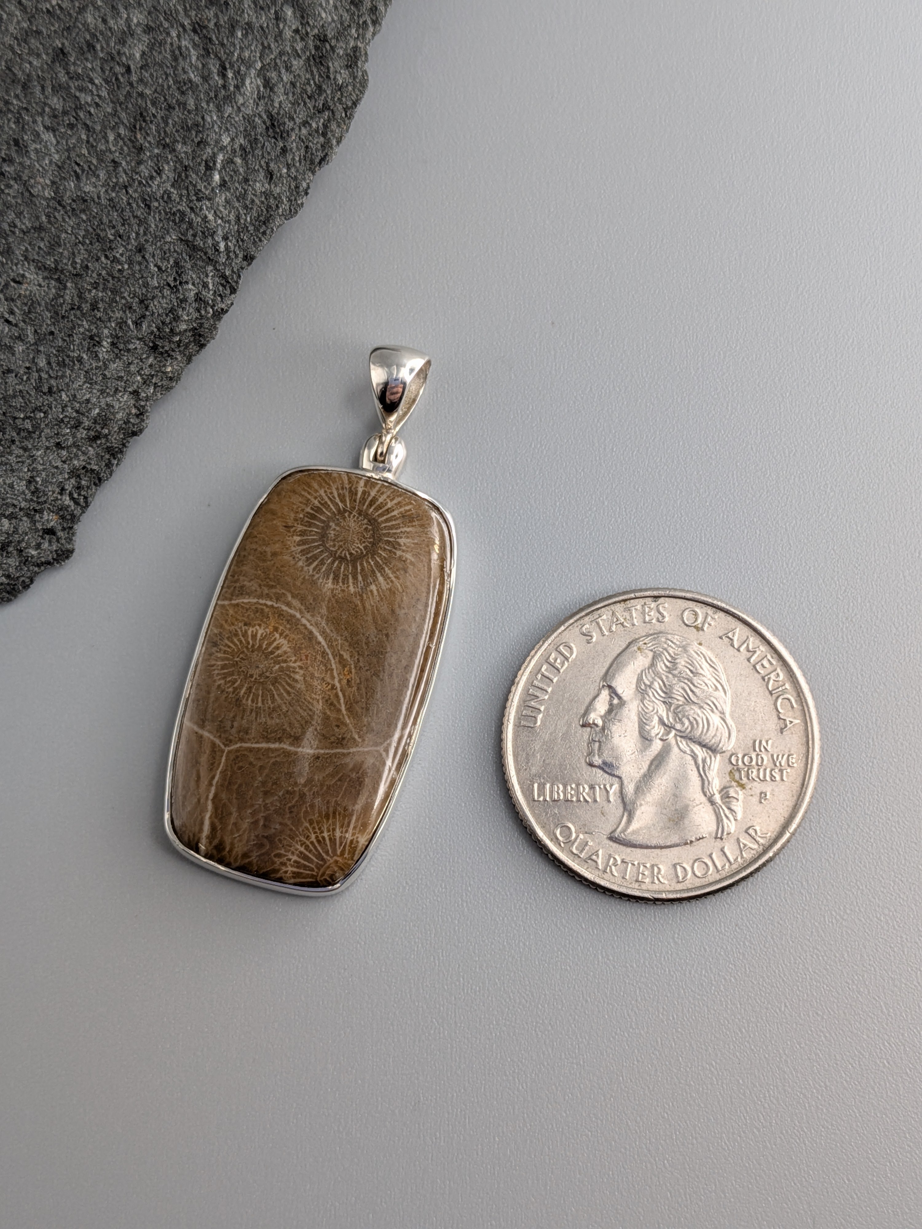 •FOSSILIZED CORAL - SOFT RECTANGLE• sterling silver pendant