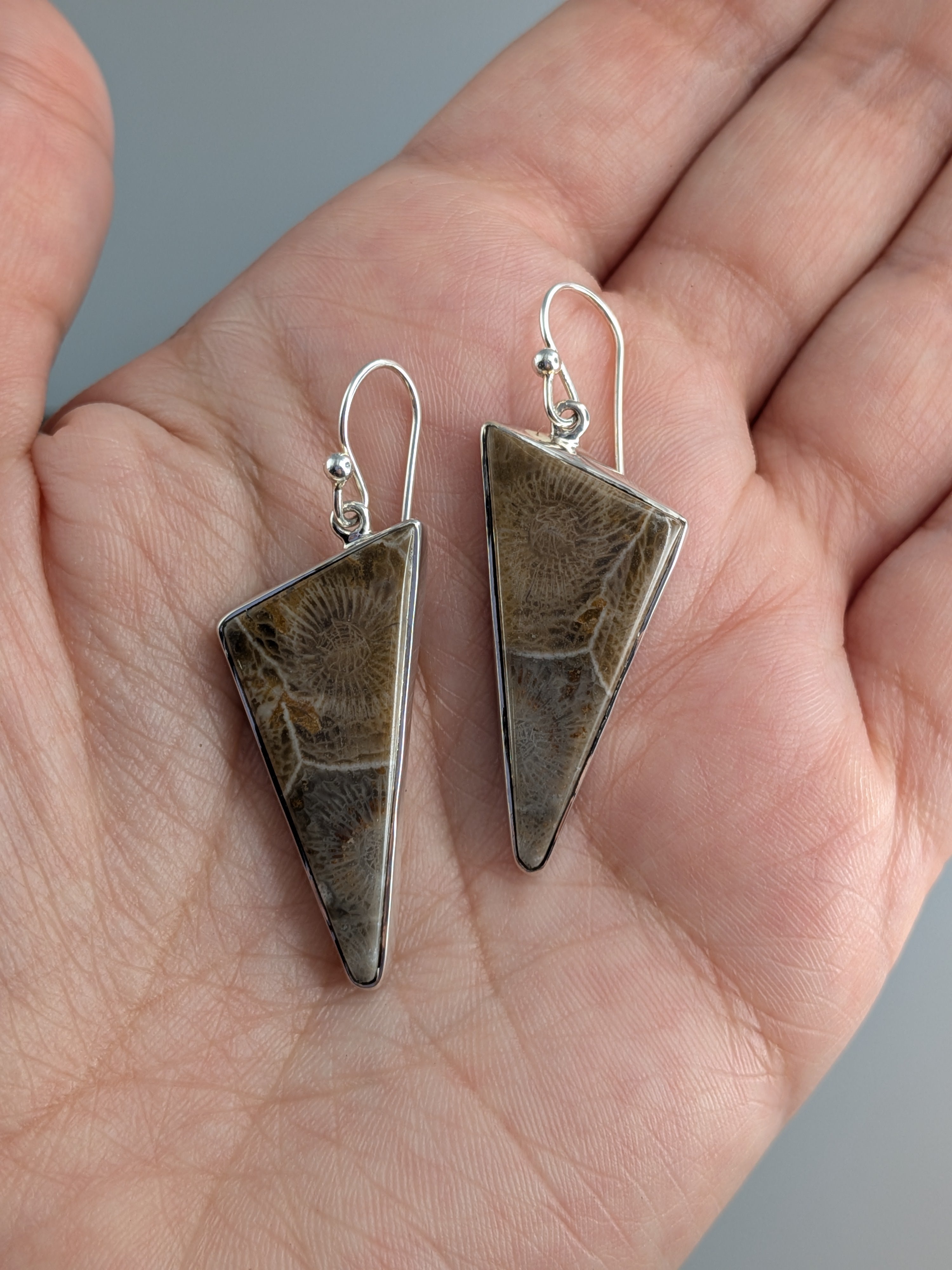 •FOSSILIZED CORAL - LARGE TRIANGLE• silver dangle earrings