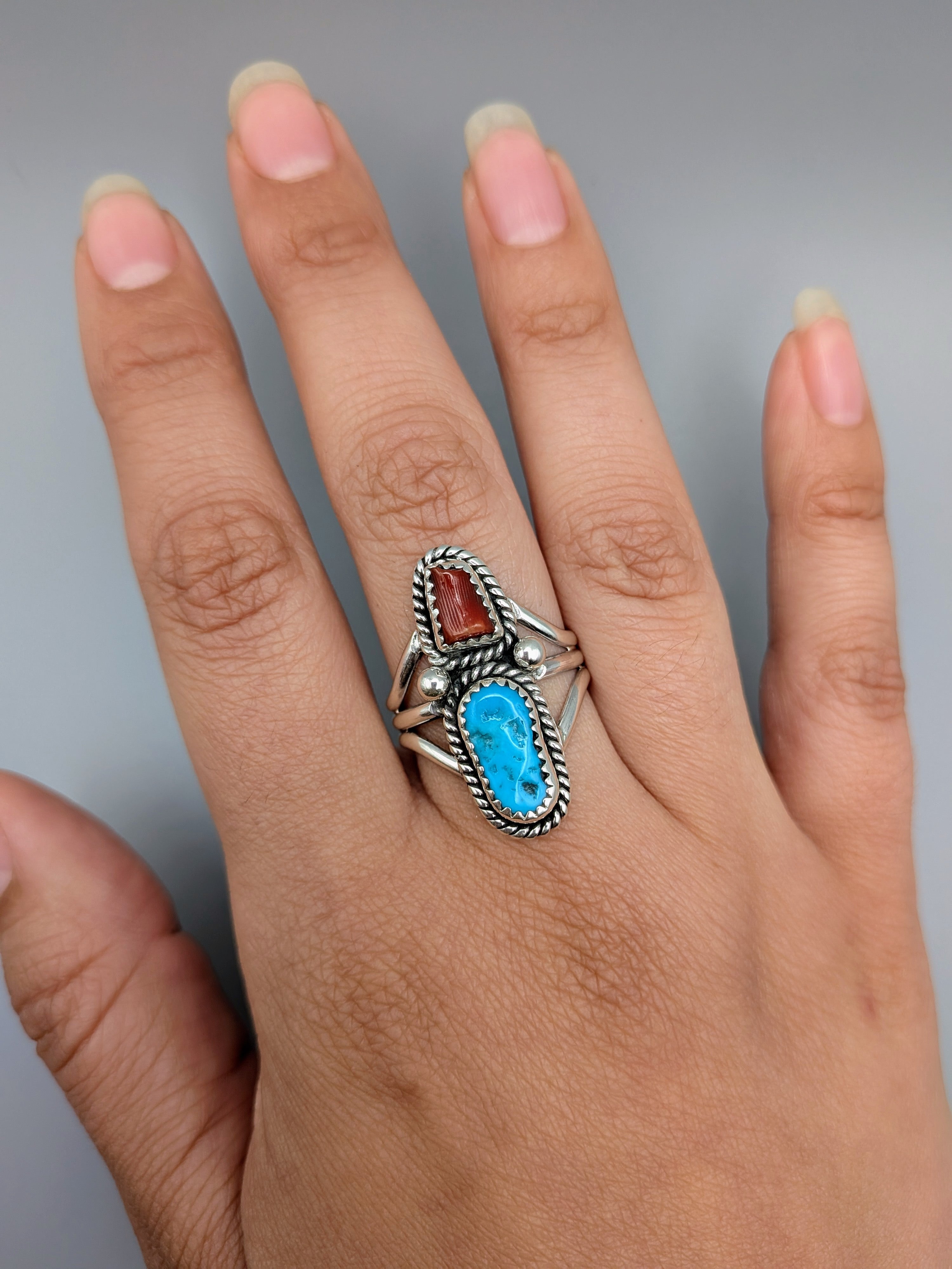 •KINGMAN TURQUOISE & CORAL - NAAKI• Navajo silver ring (size 9.25)