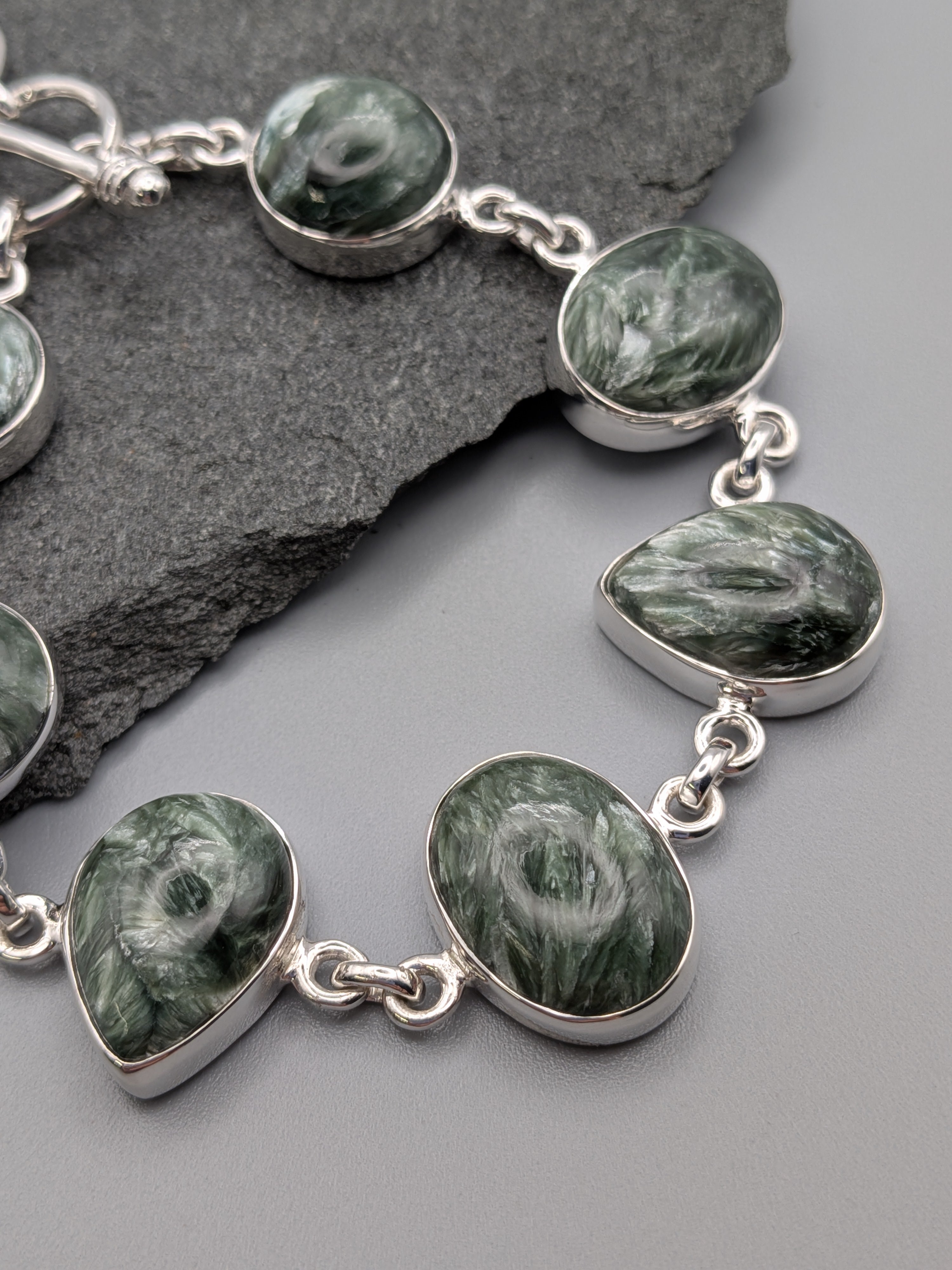•SERAPHINITE - GEO MIX• linked silver bracelet (7" - 8.5")