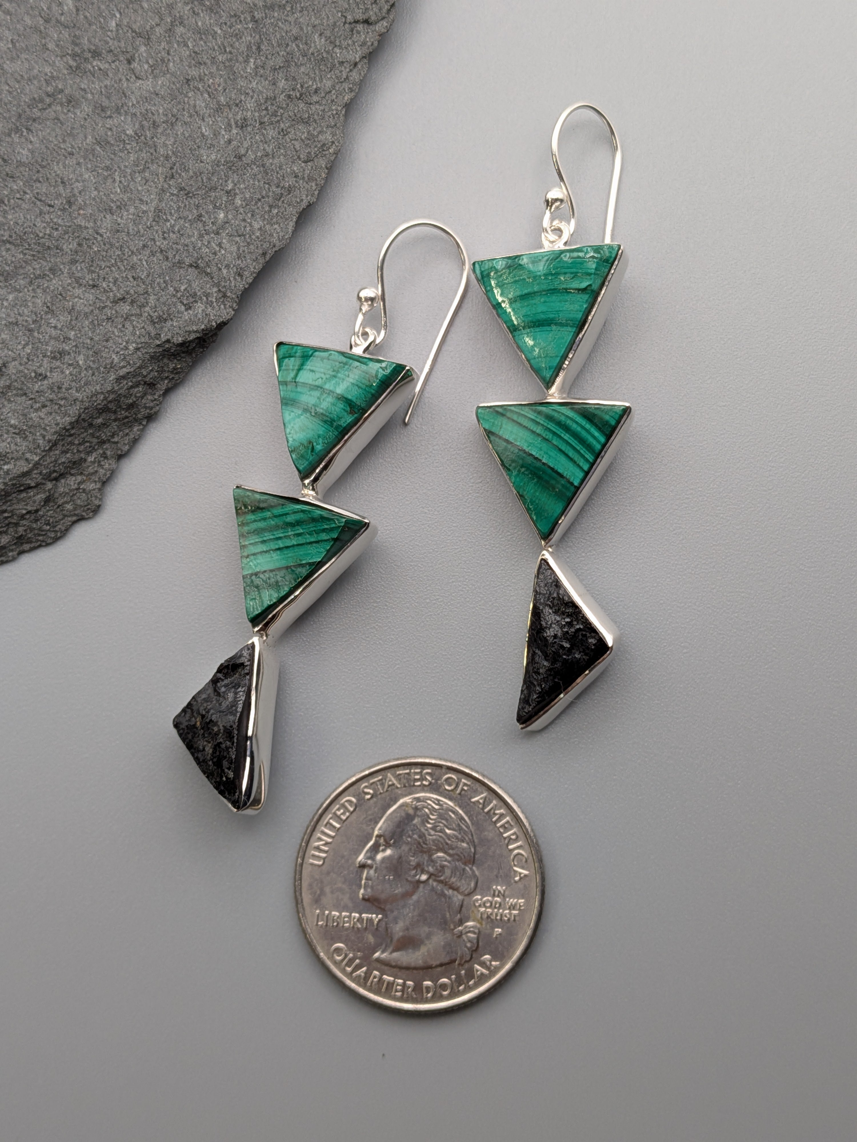 •MALACHITE + BLACK TOURMALINE - TRI STACK• silver dangle earrings