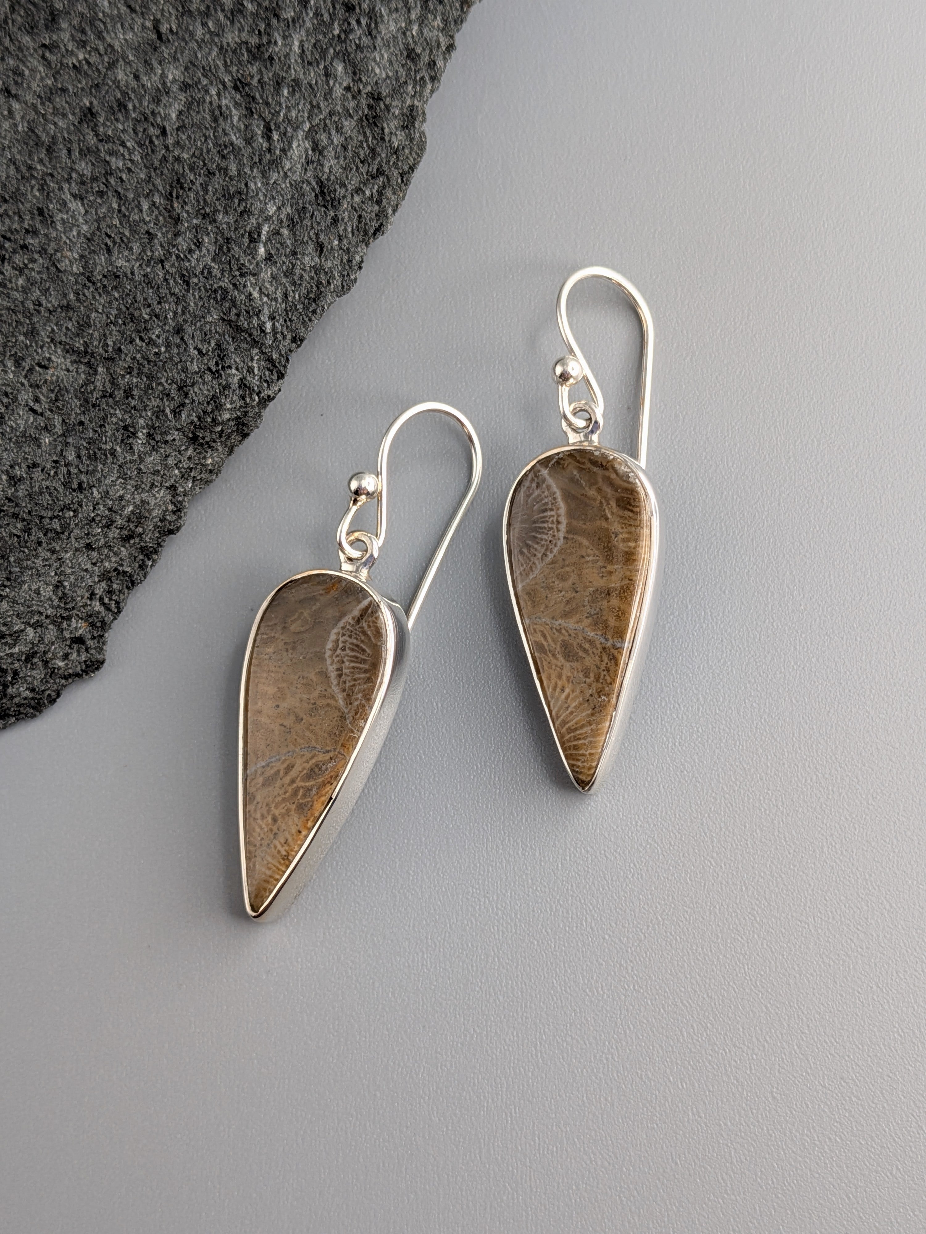 •FOSSILIZED CORAL - SPEAR TEAR• silver dangle earrings