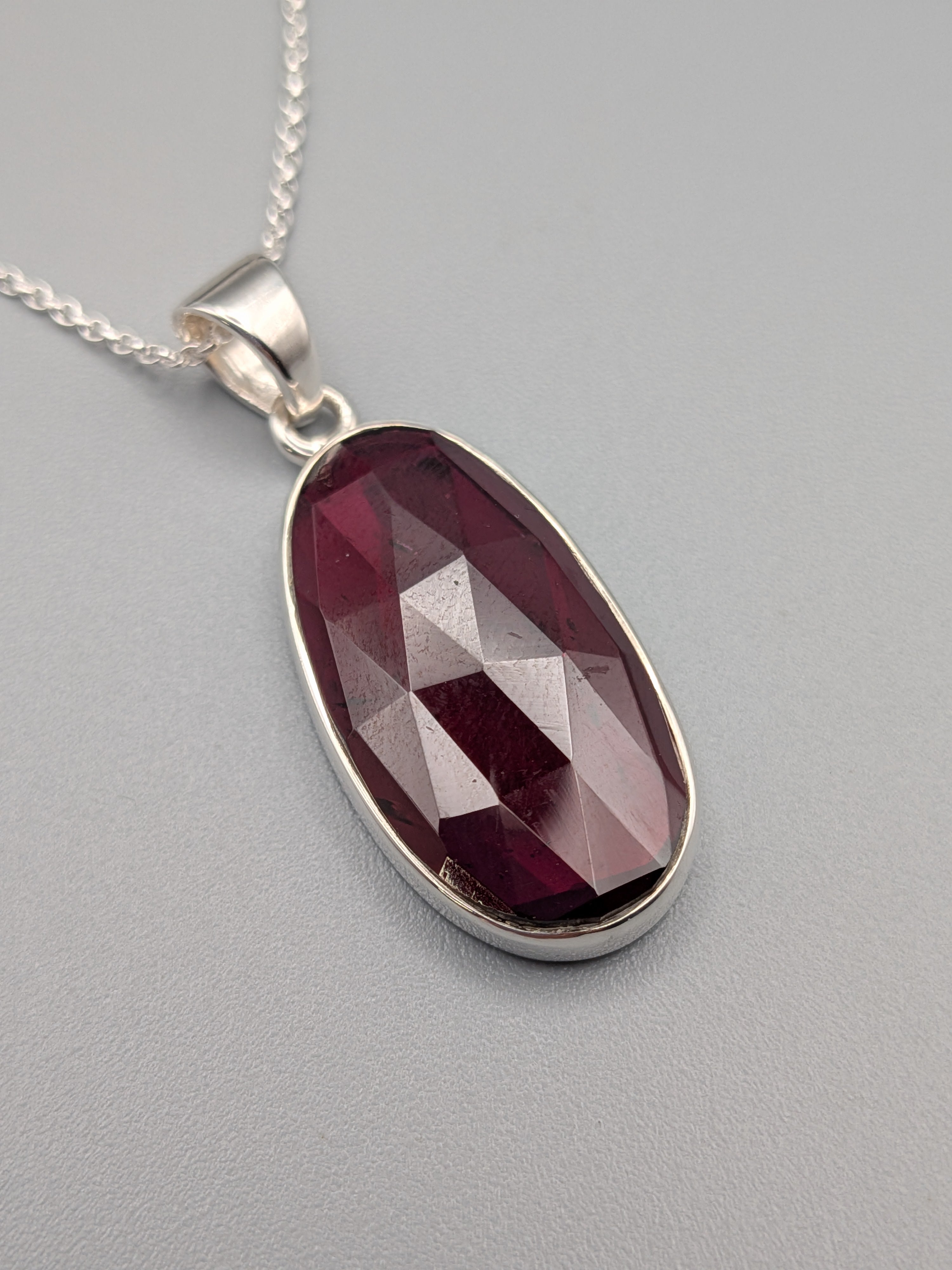•GARNET - FACETED OVAL - 2• silver necklace (18" long)