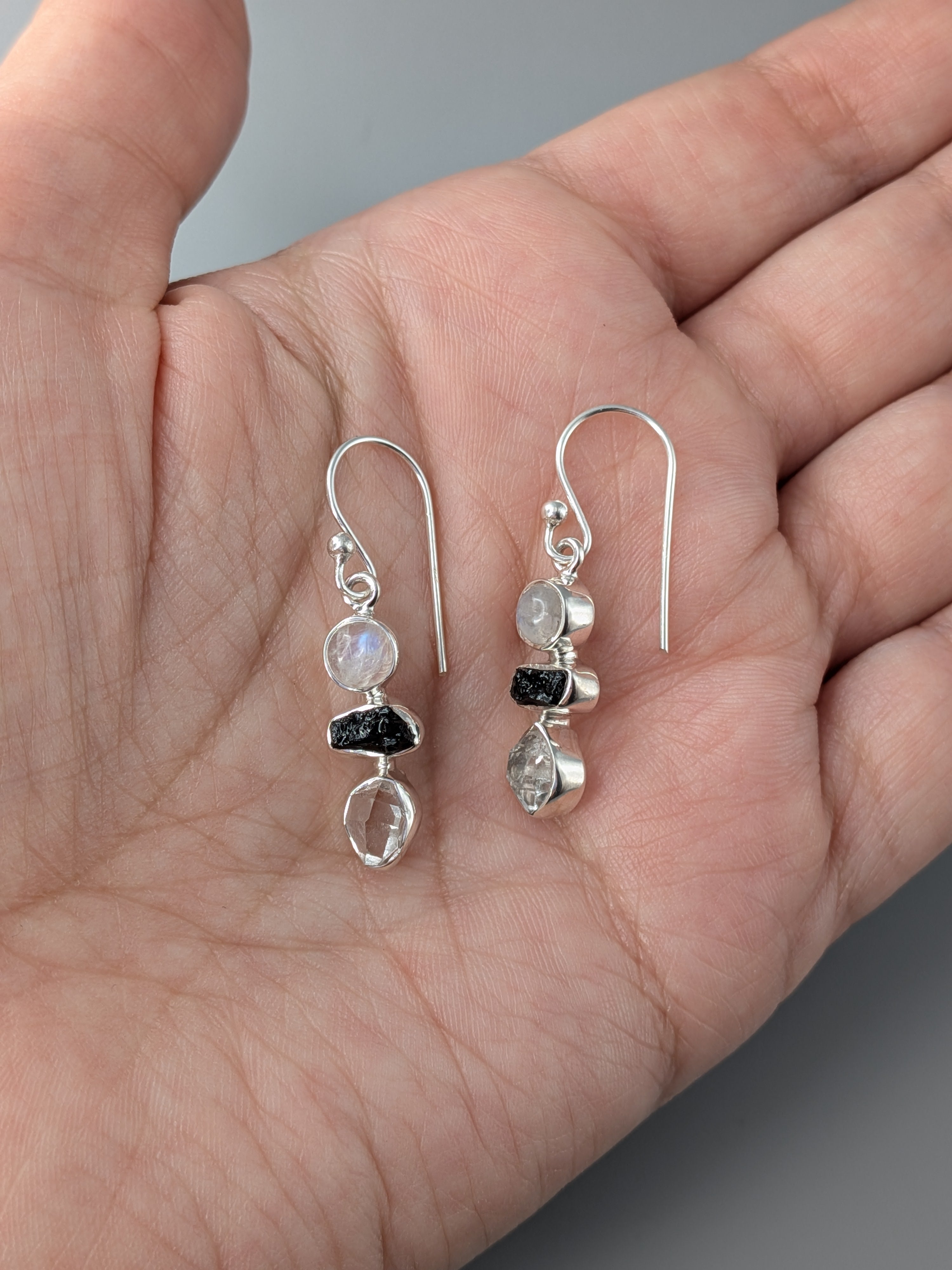 •RAINBOW MOONSTONE + TOURMALINE + HERKIMER• silver dangle earrings