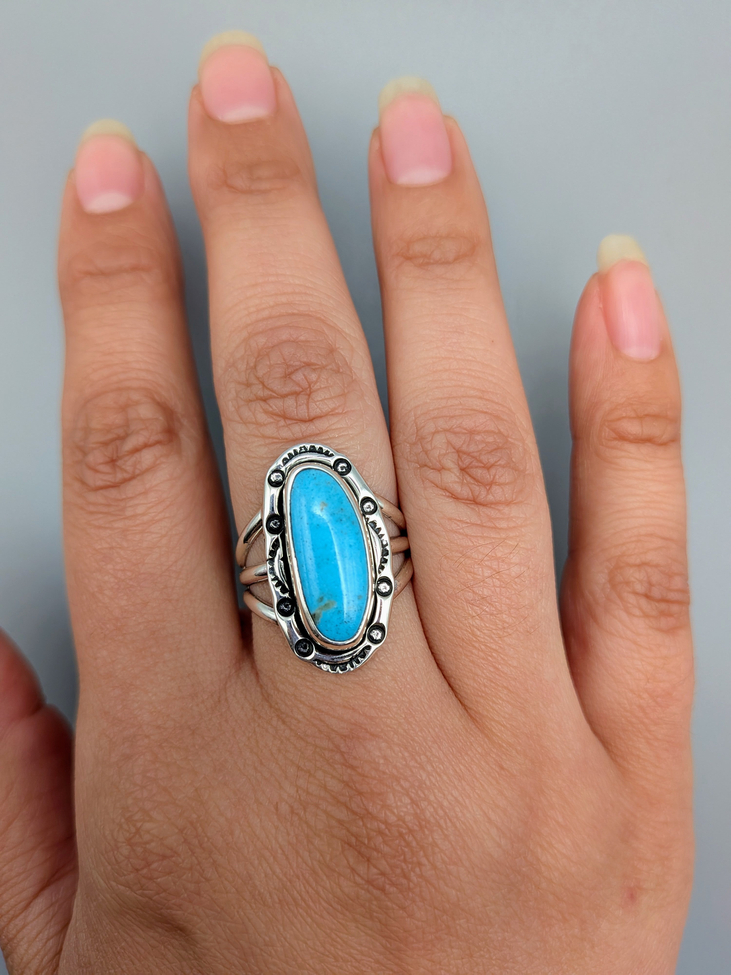 •KINGMAN TURQUOISE - SHÁ• Navajo silver ring (size 8.25)