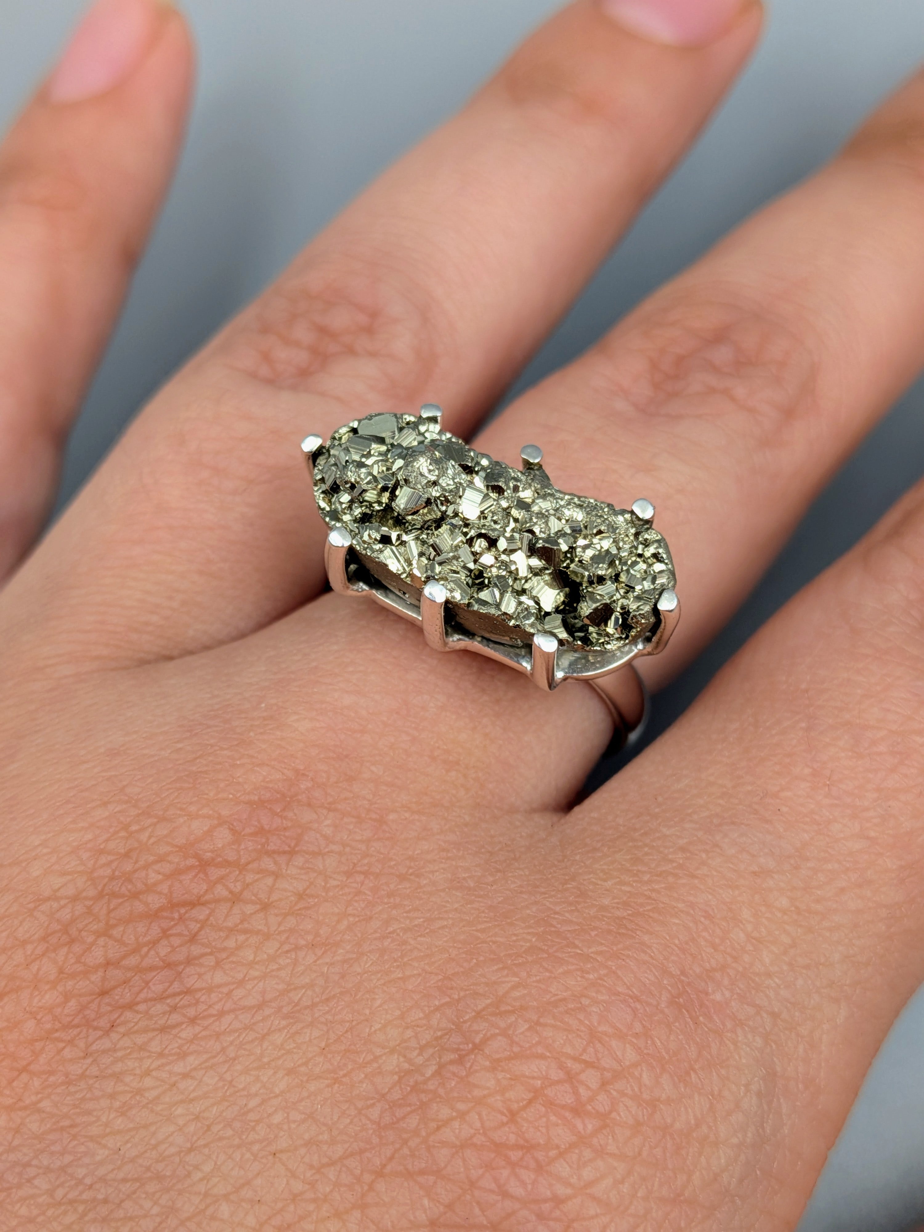 •PYRITE - BATTLESHIP• prong set silver ring (size 7.75)