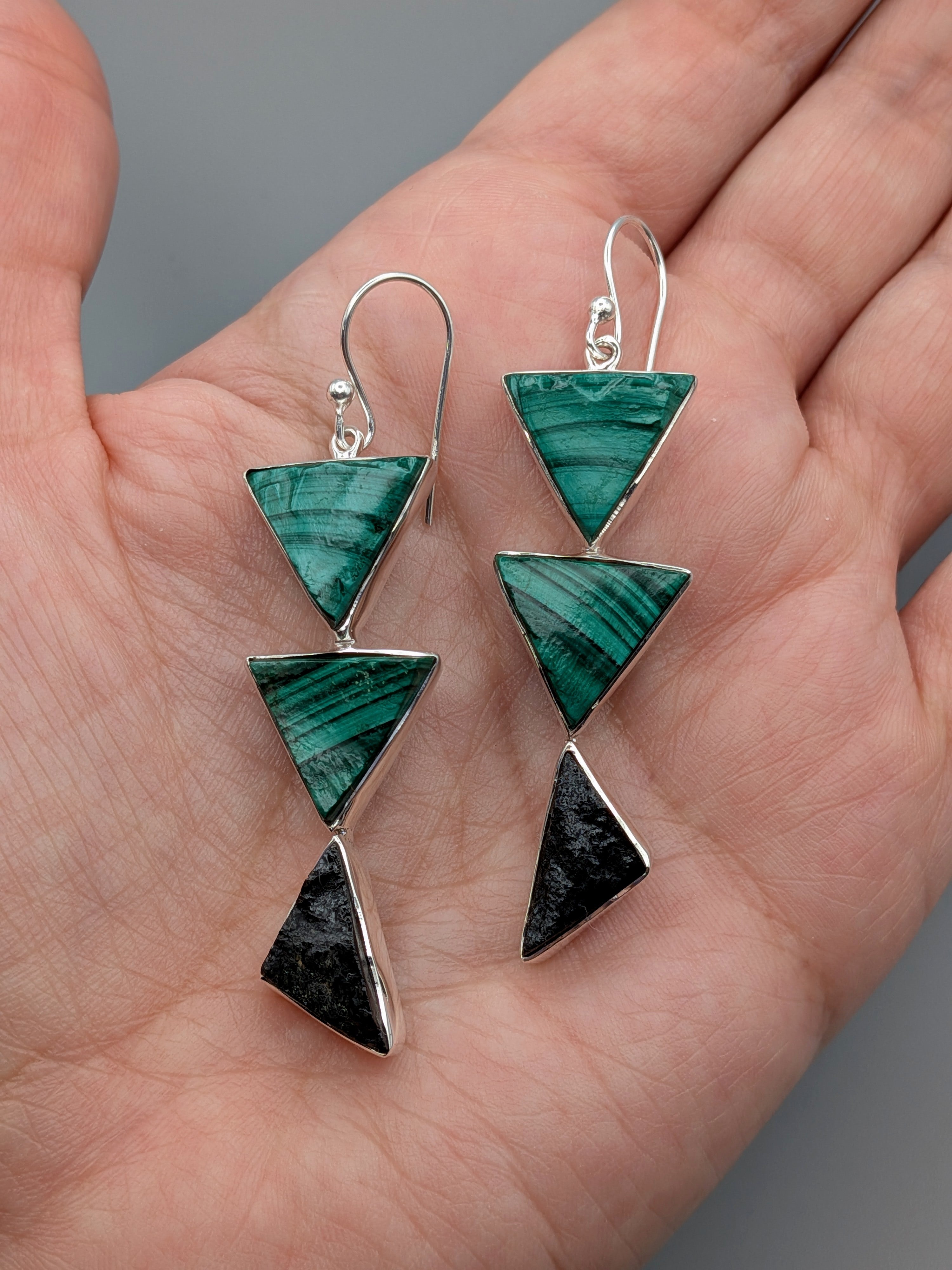 •MALACHITE + BLACK TOURMALINE - TRI STACK• silver dangle earrings