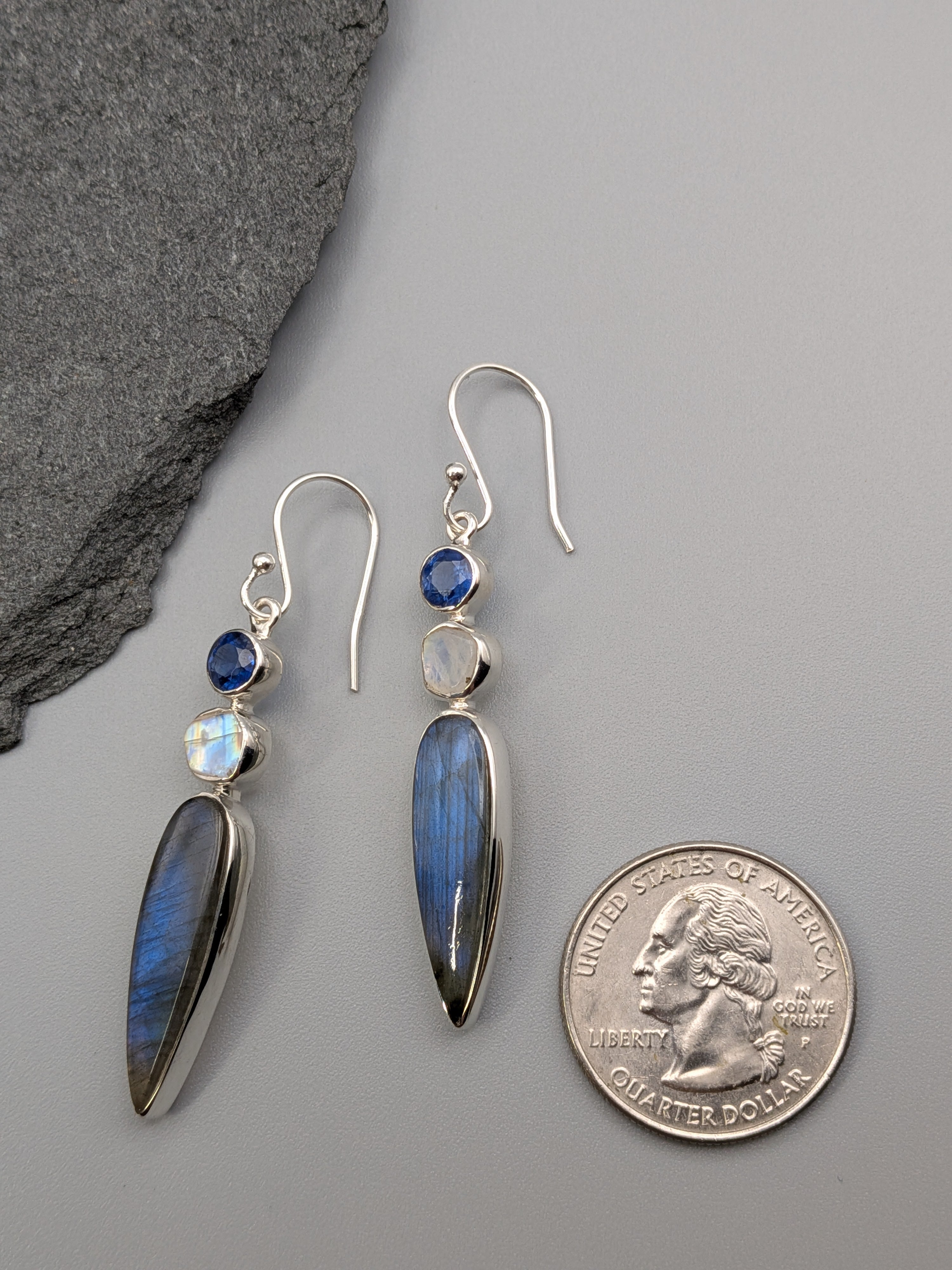 •LABRADORITE SPEAR TEAR + MULTI-STONE• silver dangle earrings