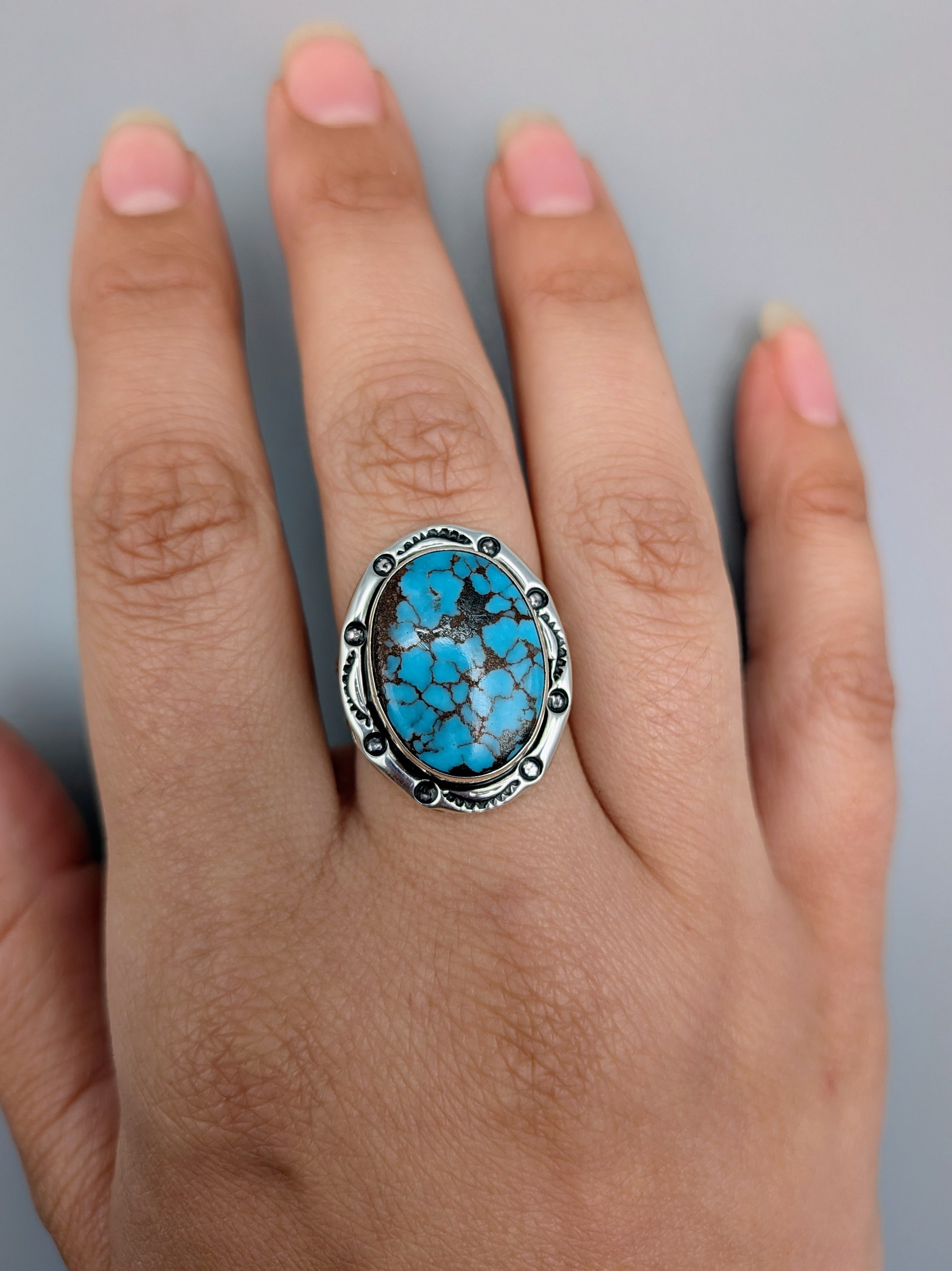 •EGYPTIAN TURQUOISE - SHÁ• Navajo silver ring (size 8)
