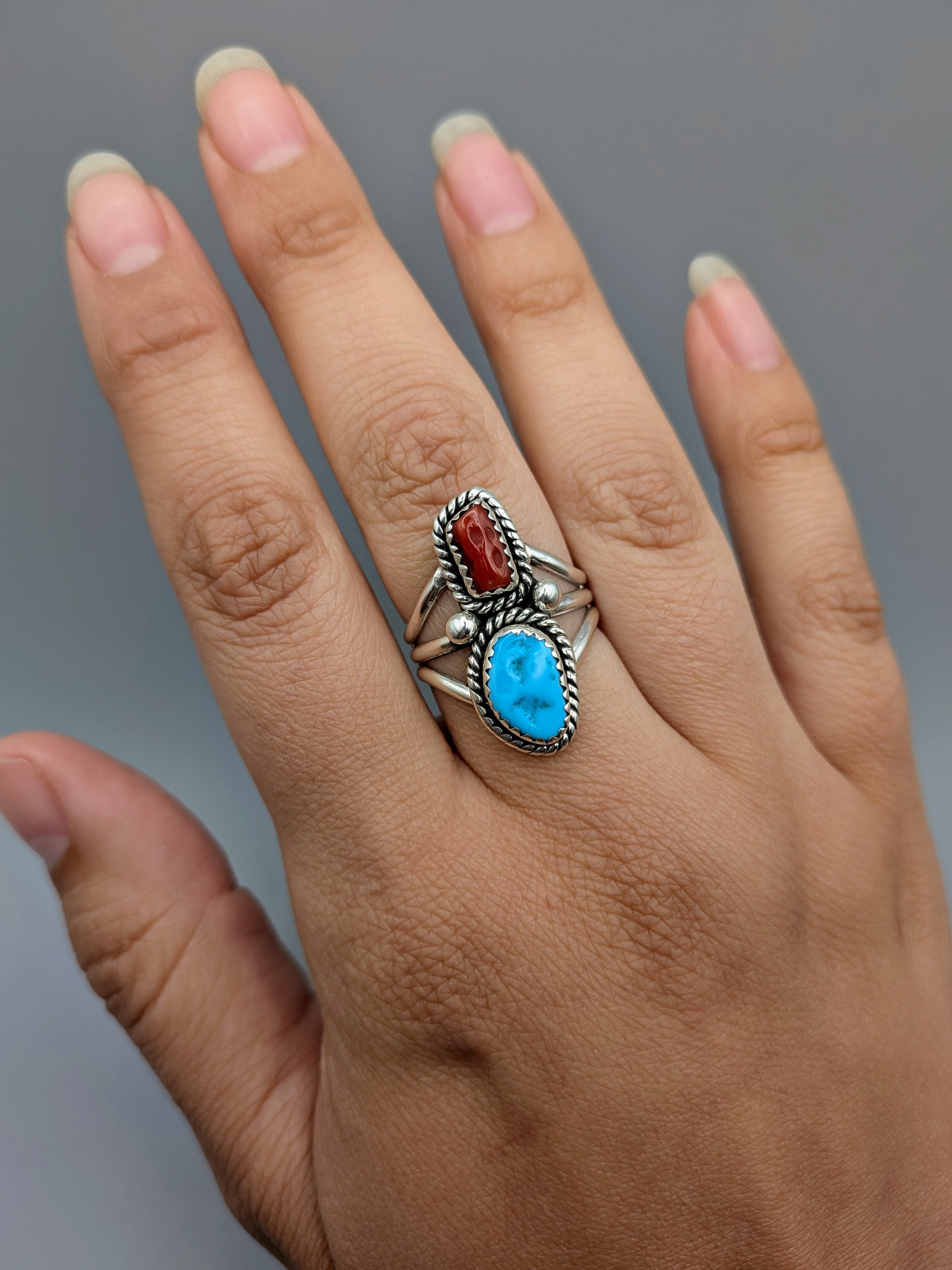 •KINGMAN TURQUOISE & CORAL - NAAKI• Navajo silver ring (size 8.25)