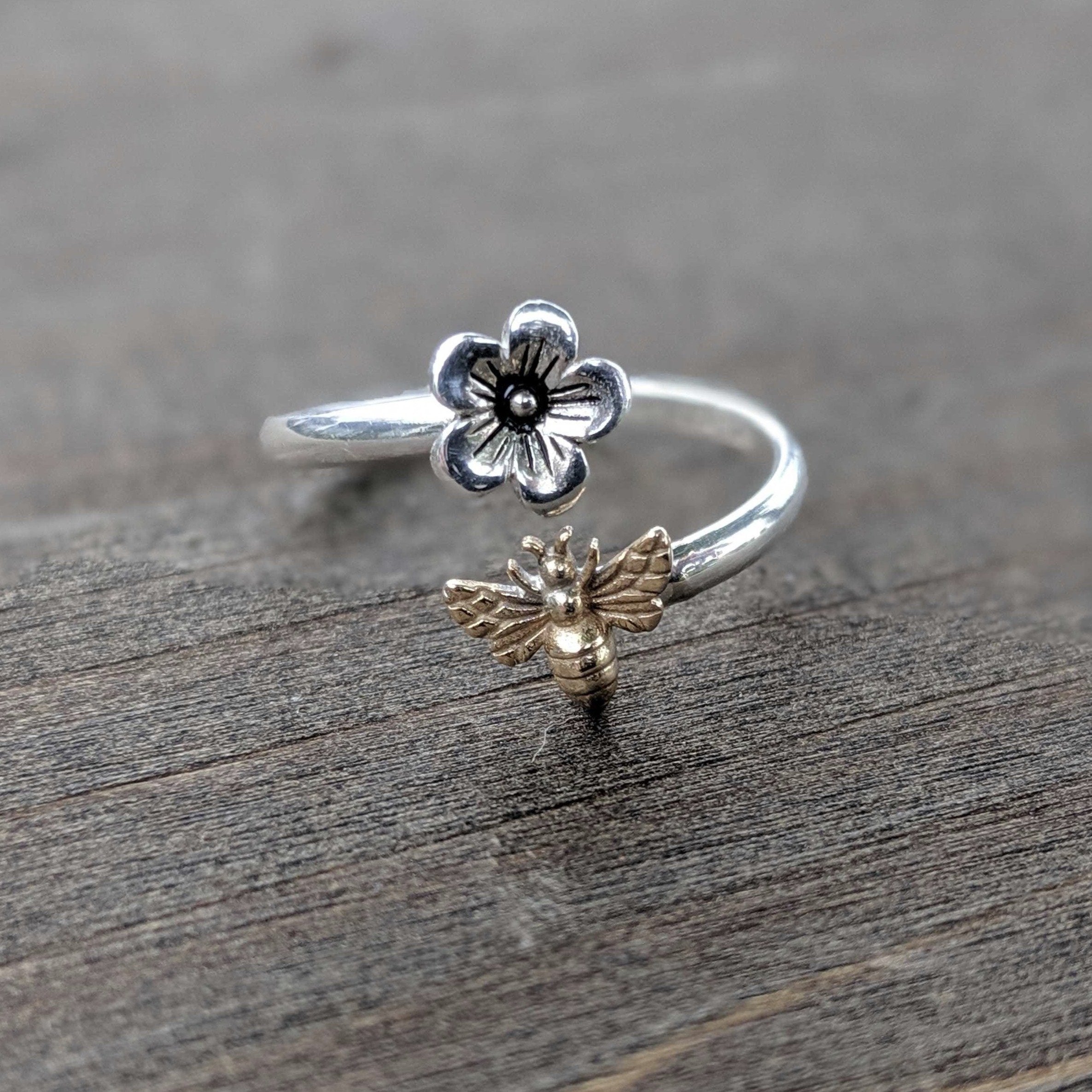 •BEE & BLOSSOM• adjustable silver + bronze ring