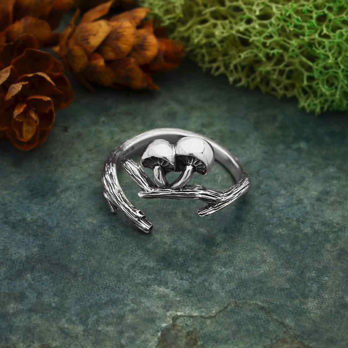 •SHIITAKE MUSHROOM BRANCH• adjustable recycled silver ring