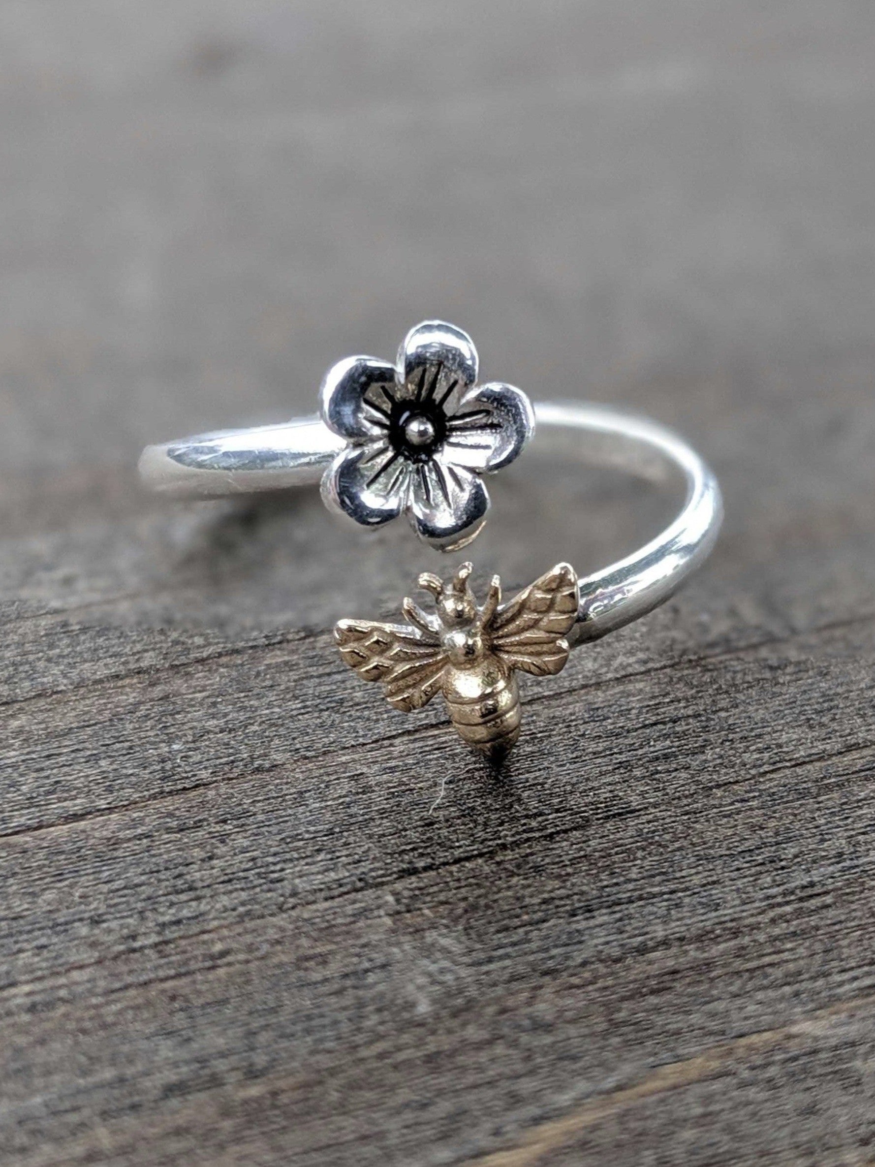 •BEE & BLOSSOM• adjustable recycled silver + bronze ring