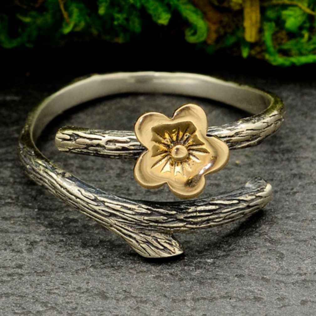 •BLOSSOM & BRANCH• adjustable silver + bronze ring