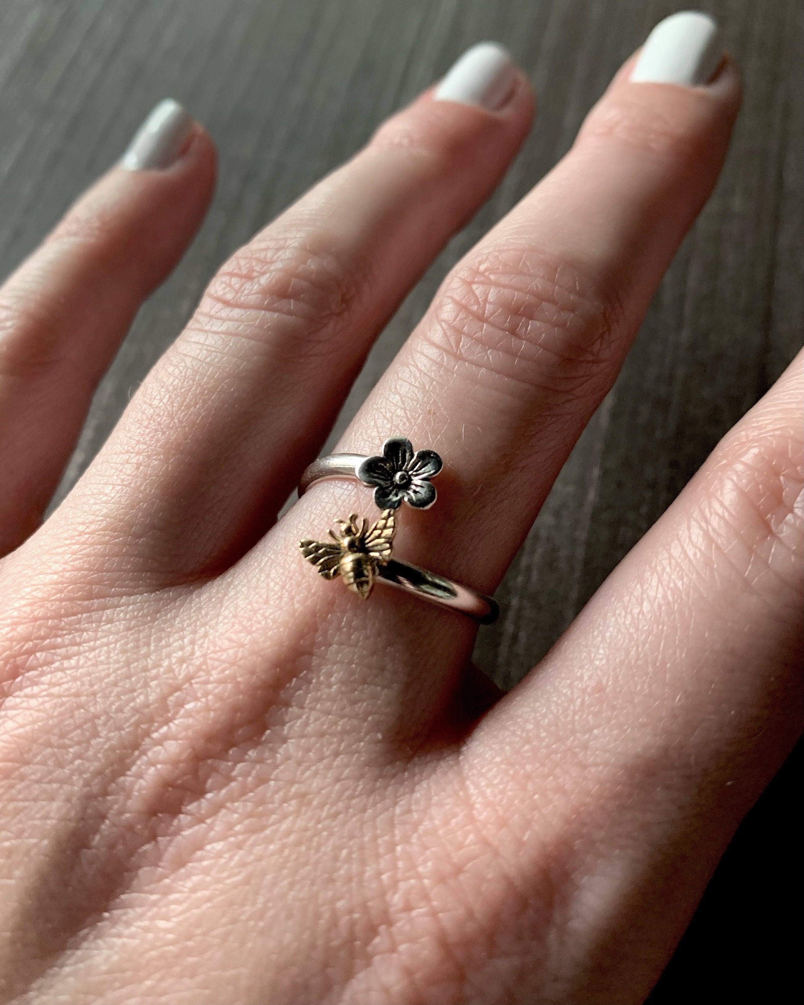 •BEE & BLOSSOM• adjustable recycled silver + bronze ring