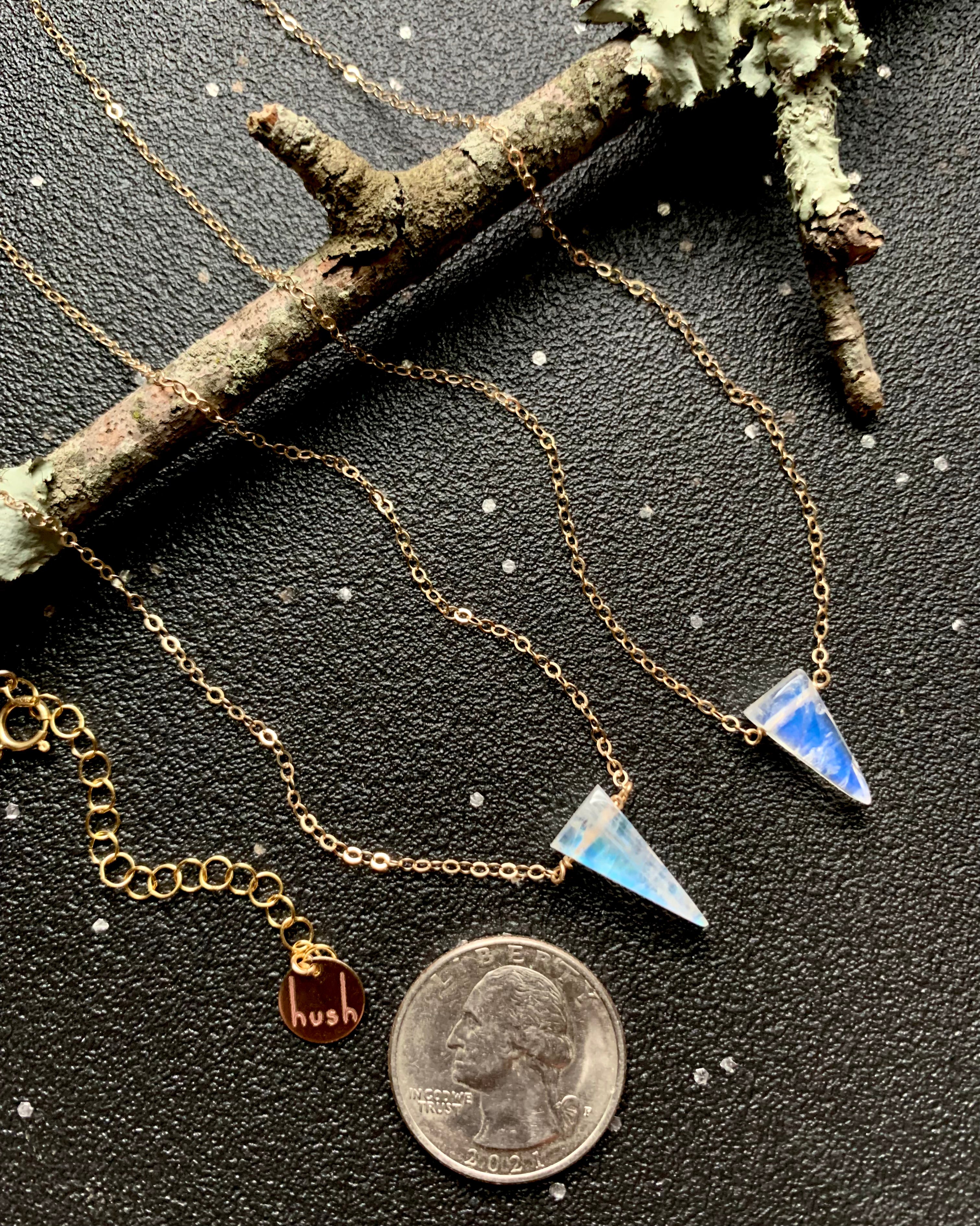 • STRAY • small rainbow moonstone fang + gold necklace