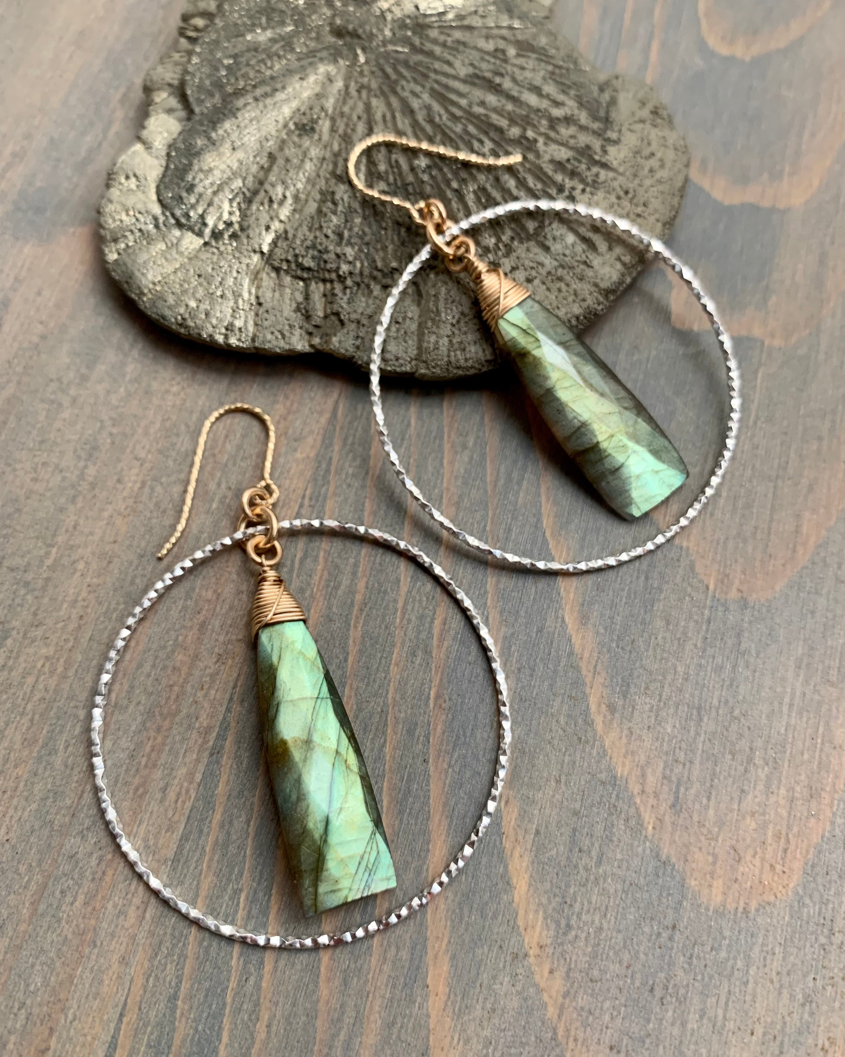 • ECLIPSED • labradorite mixed metal hoop earrings