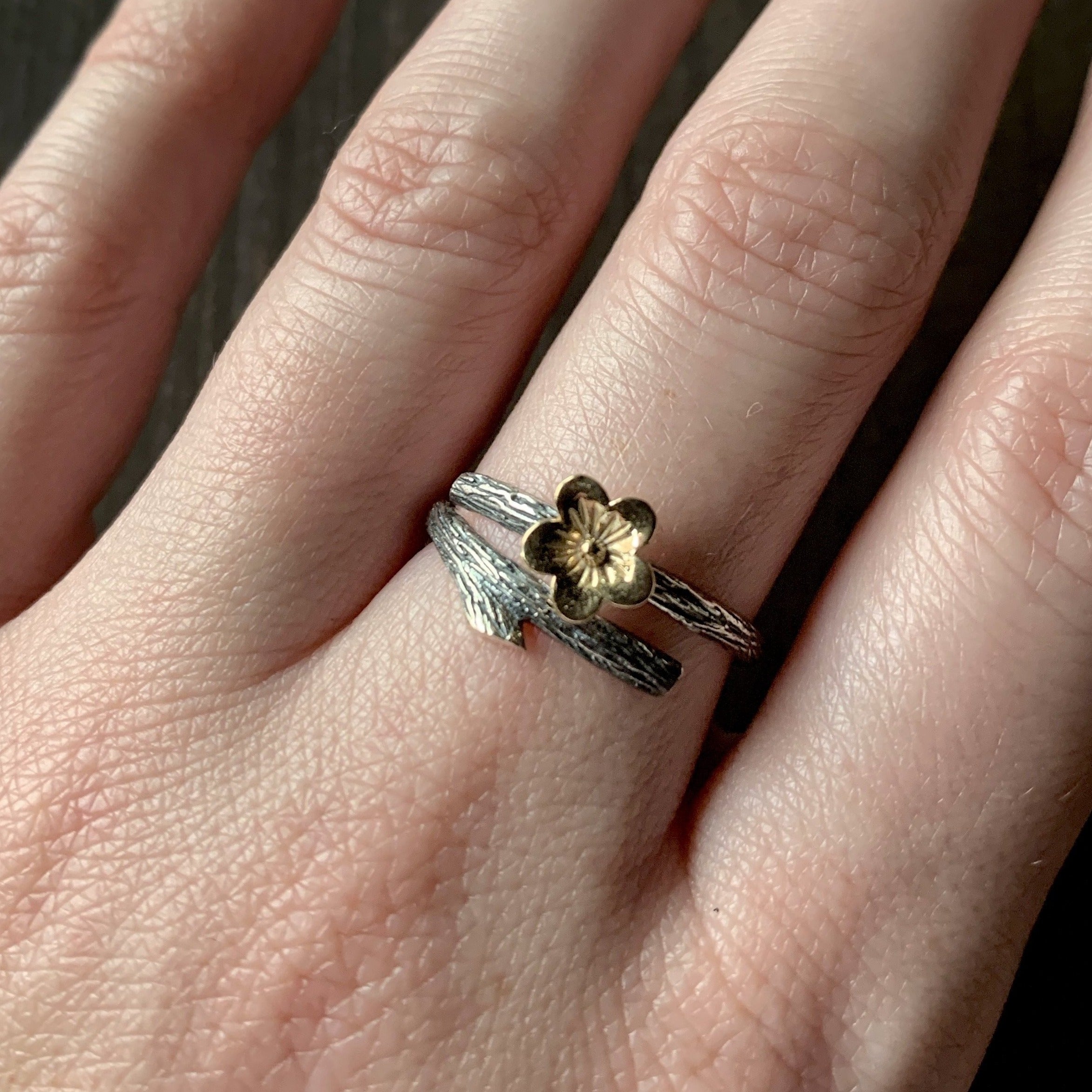 •BLOSSOM & BRANCH• adjustable silver + bronze ring