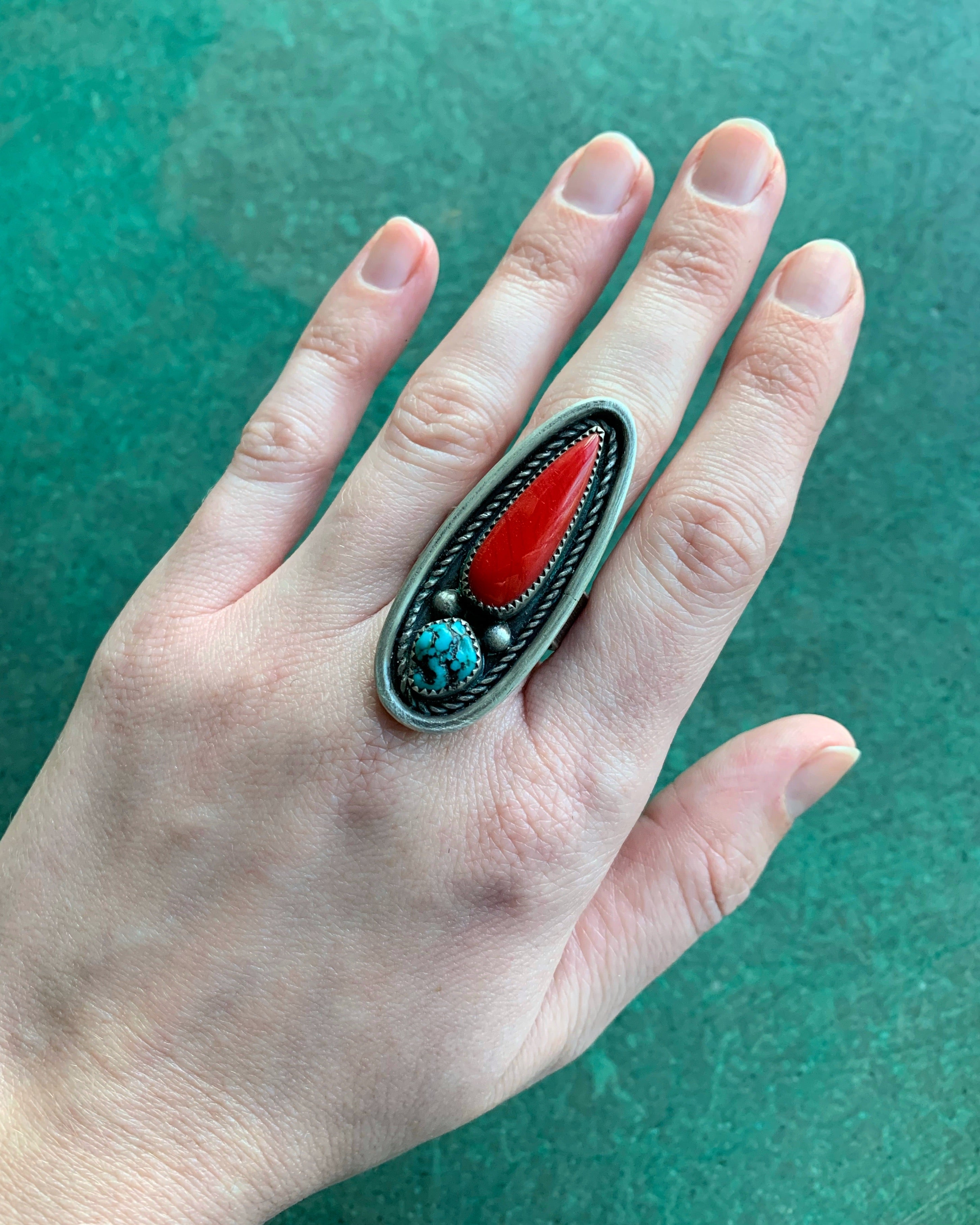 • SCARLET • coral, turquoise + silver ring