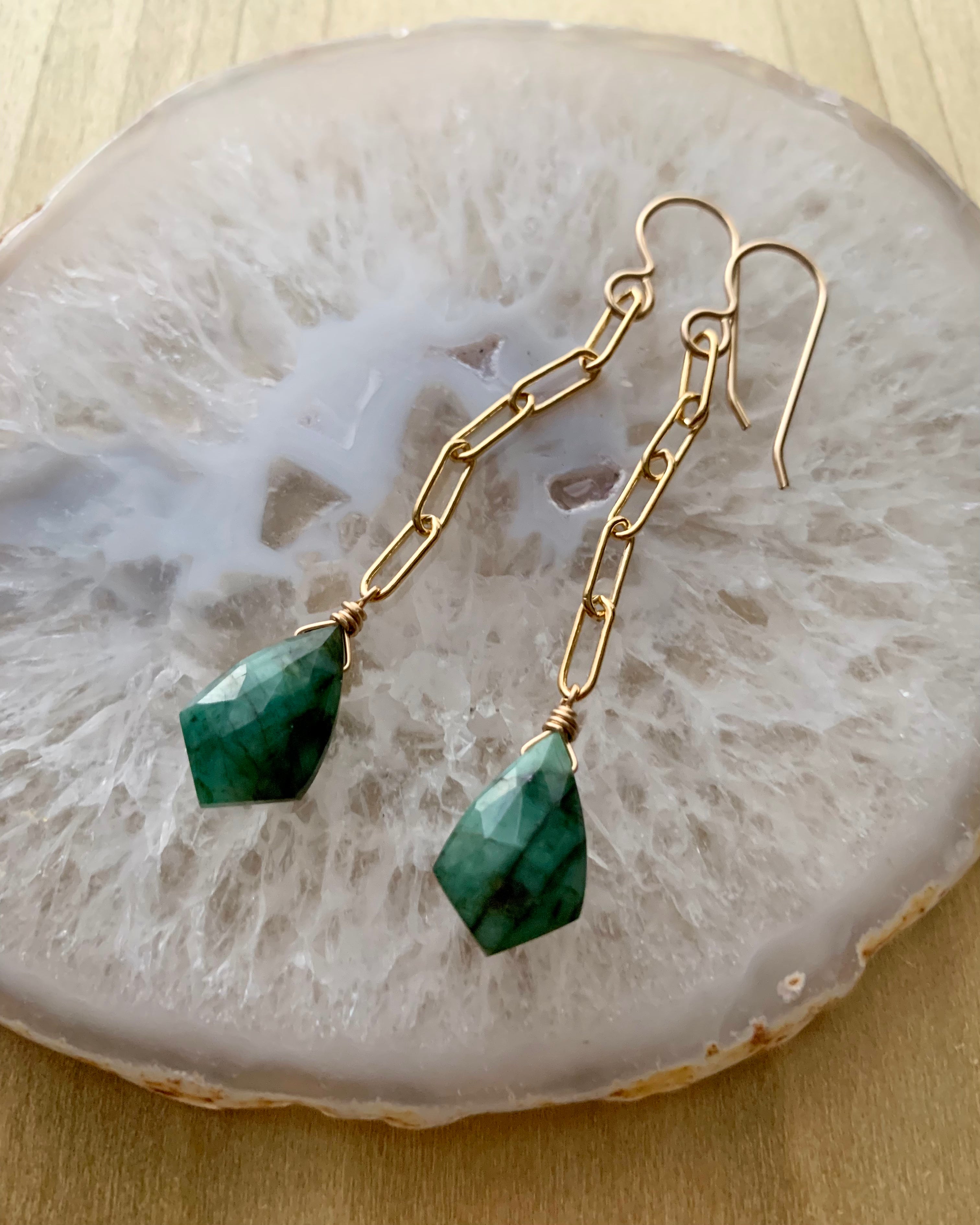 •LINKED• emerald + gold dangle earrings