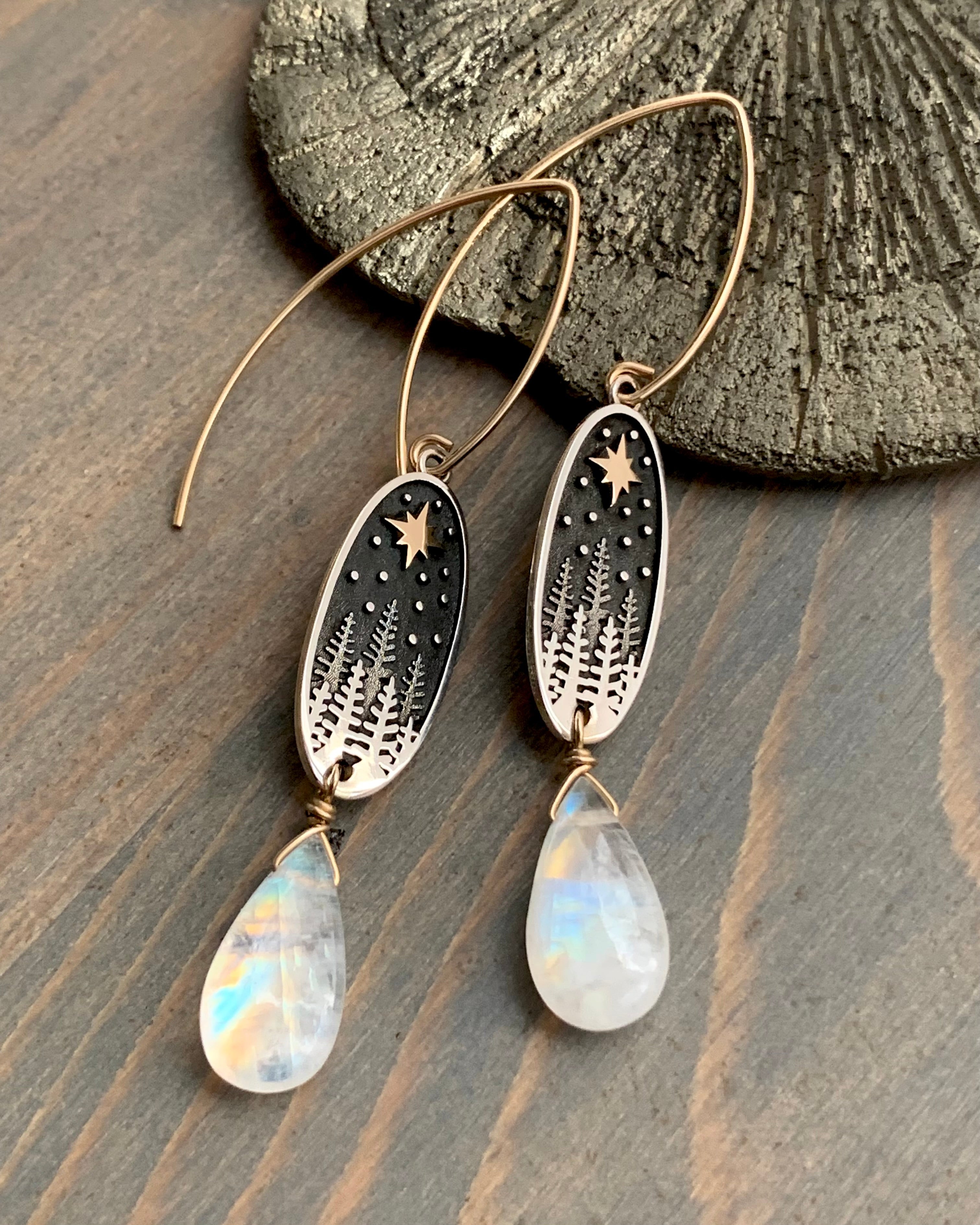 • NIGHT SKY • rainbow moonstone mixed metal dangle earrings