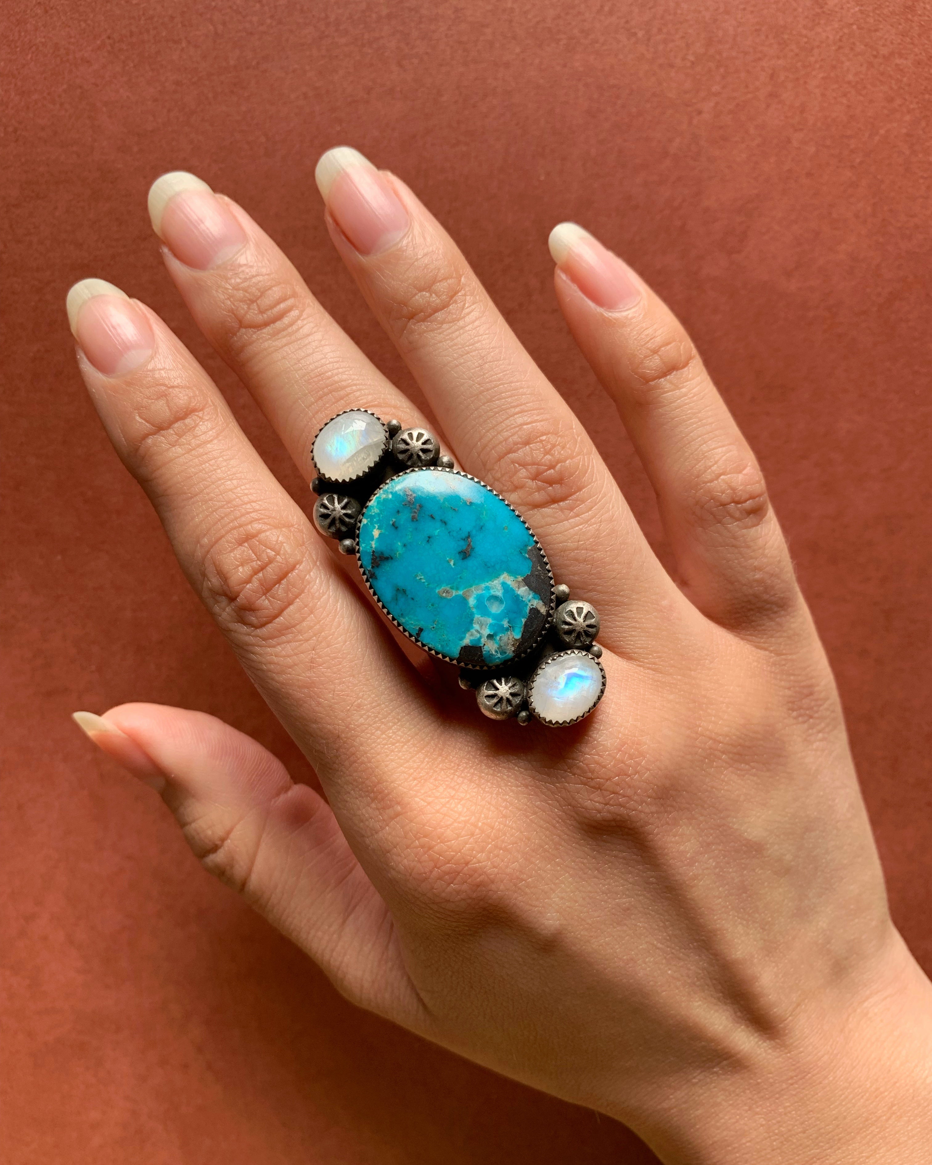 • GRAVITATIONAL • turquoise, rainbow moonstone + silver ring