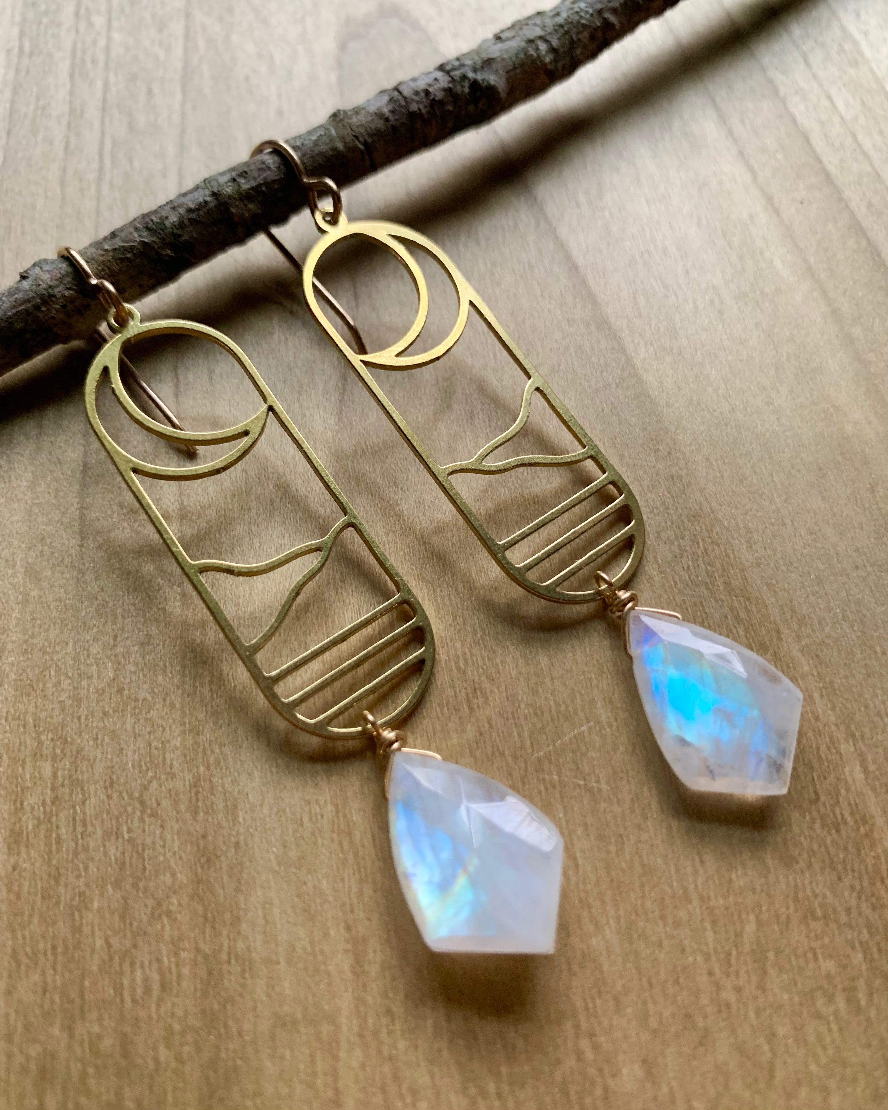 • NEW MOON COVE • rainbow moonstone + gold mixed metal dangle earrings