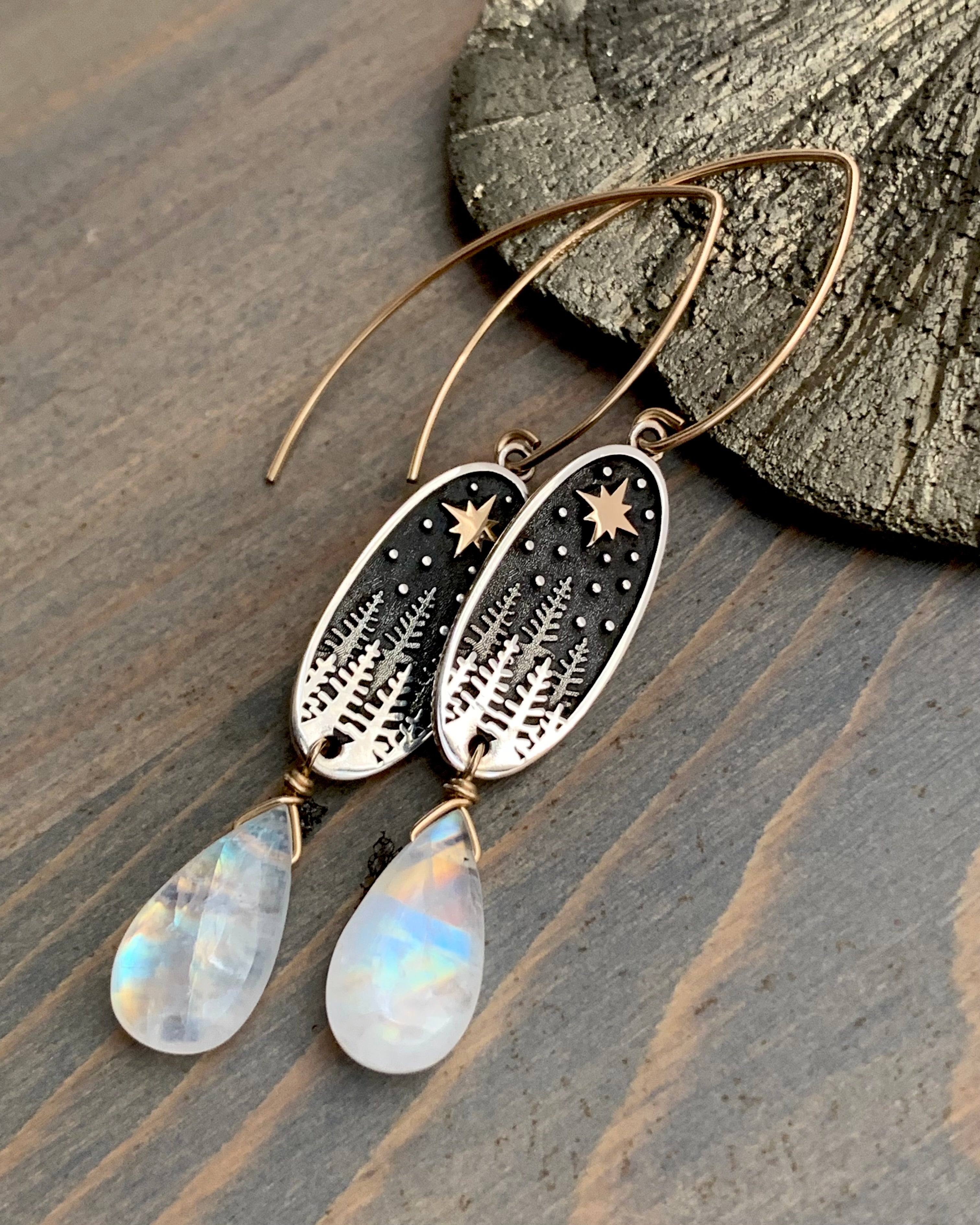 • NIGHT SKY • rainbow moonstone mixed metal dangle earrings