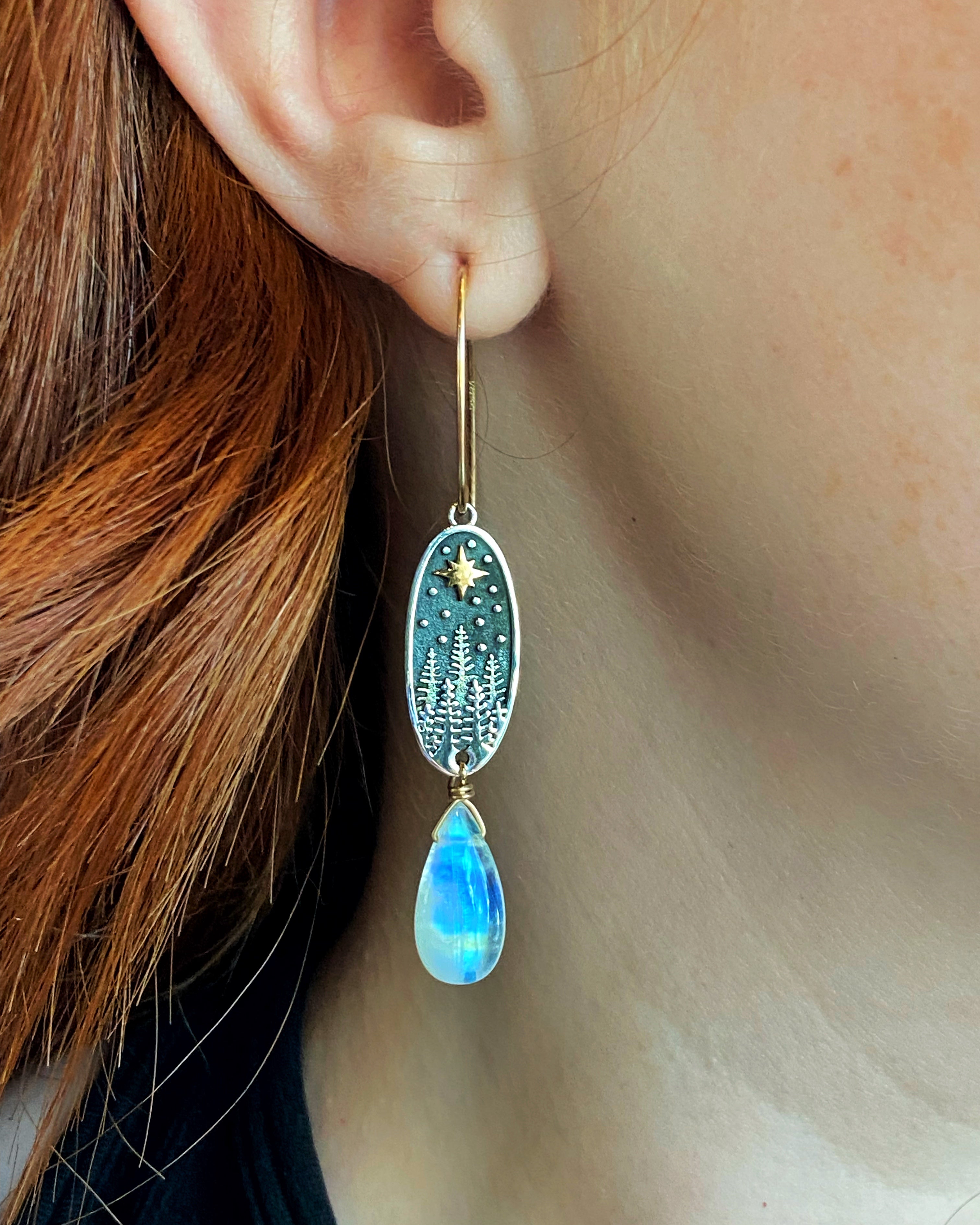 • NIGHT SKY • rainbow moonstone mixed metal dangle earrings