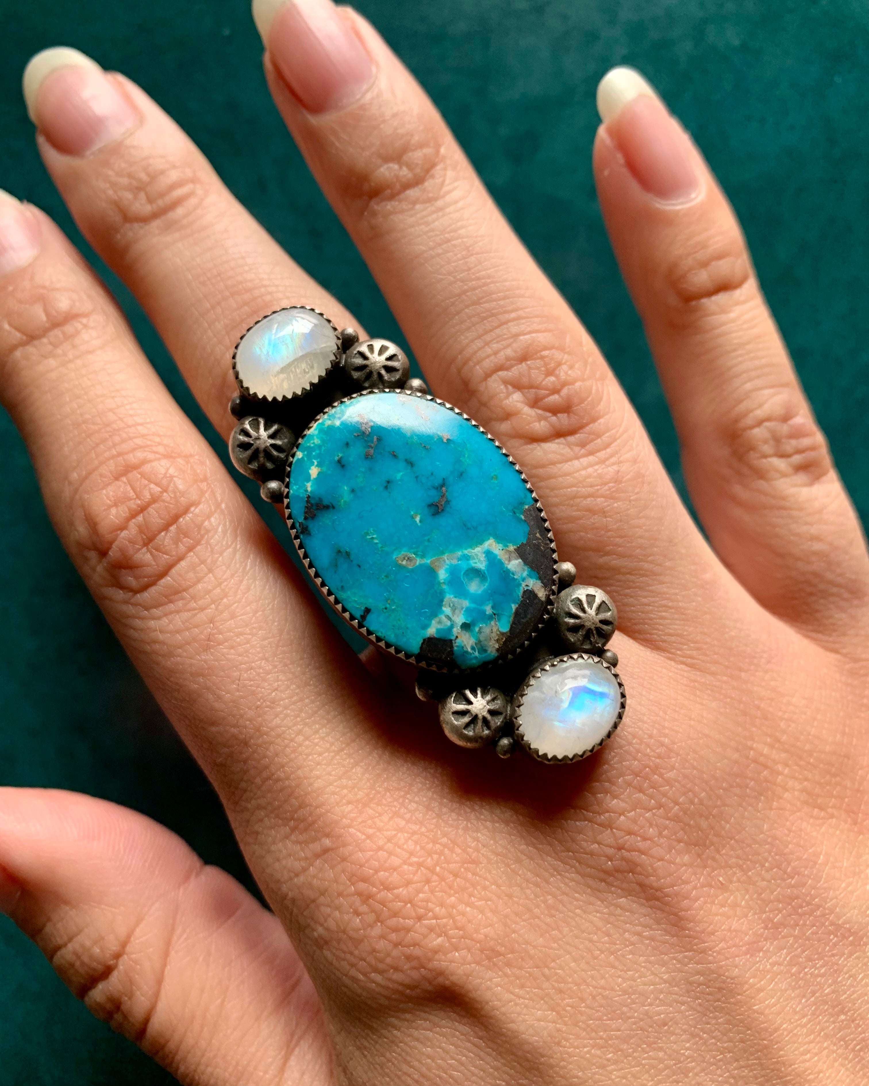 • GRAVITATIONAL • turquoise, rainbow moonstone + silver ring