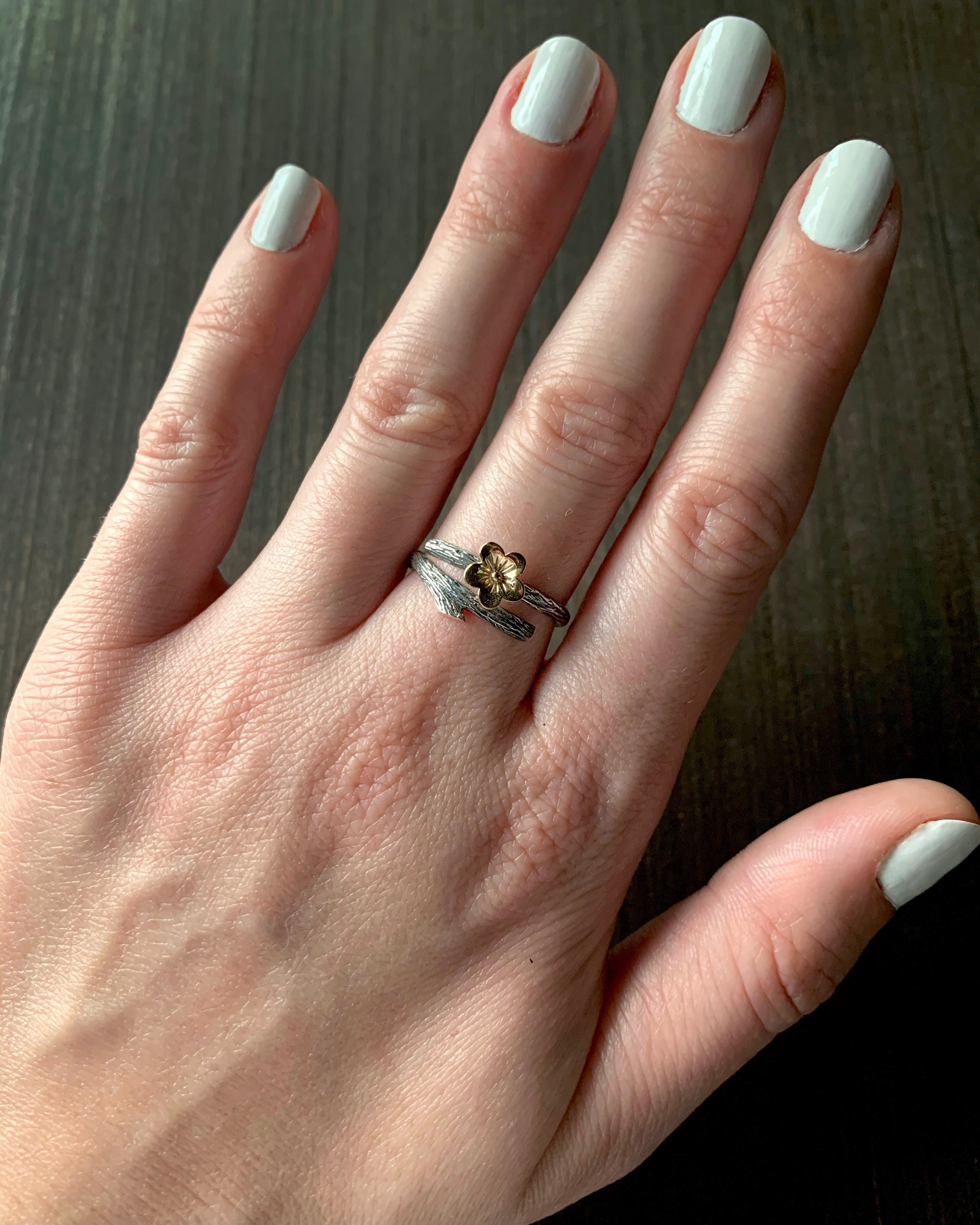 •BLOSSOM & BRANCH• adjustable recycled silver + bronze ring