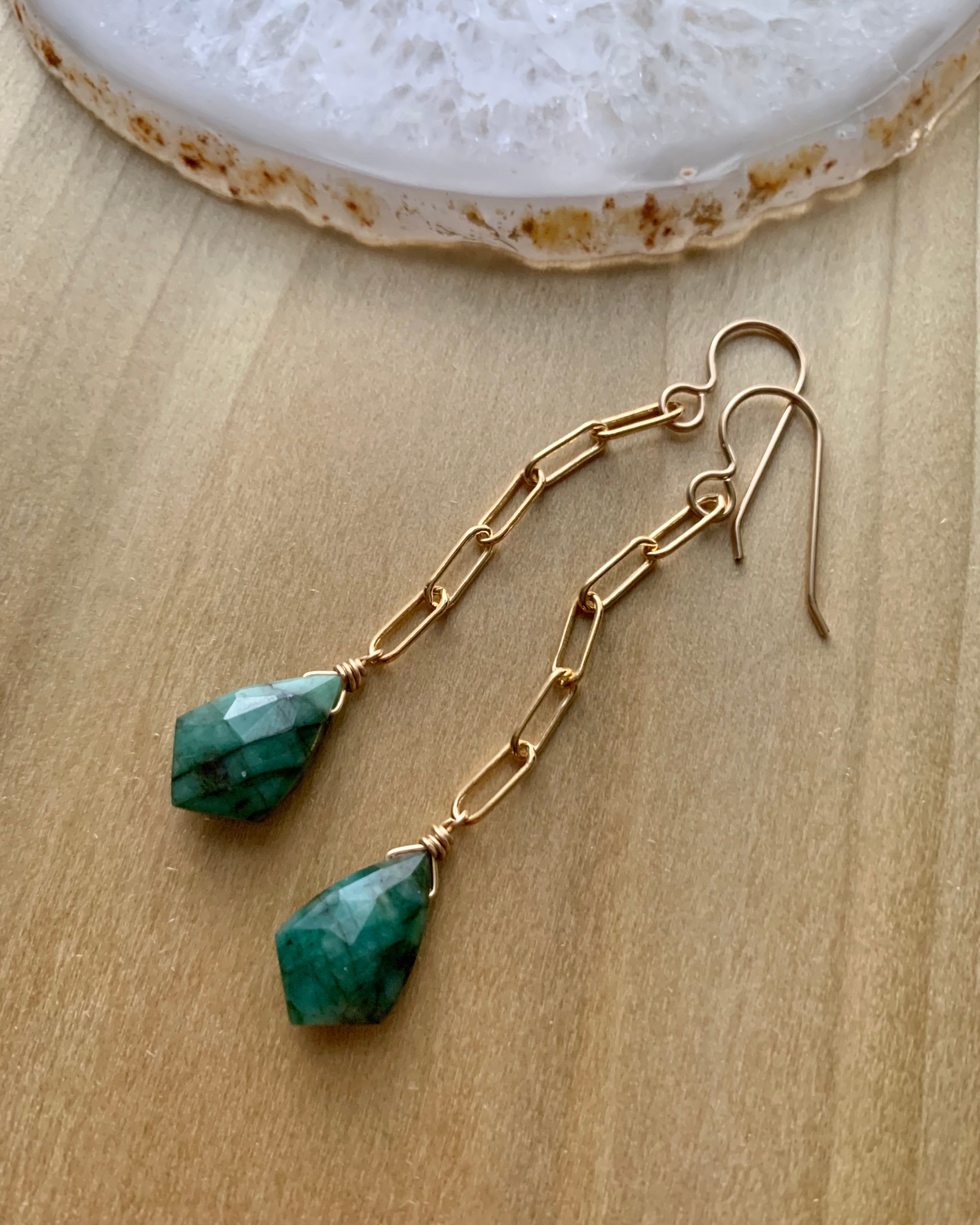 •LINKED• emerald + gold dangle earrings