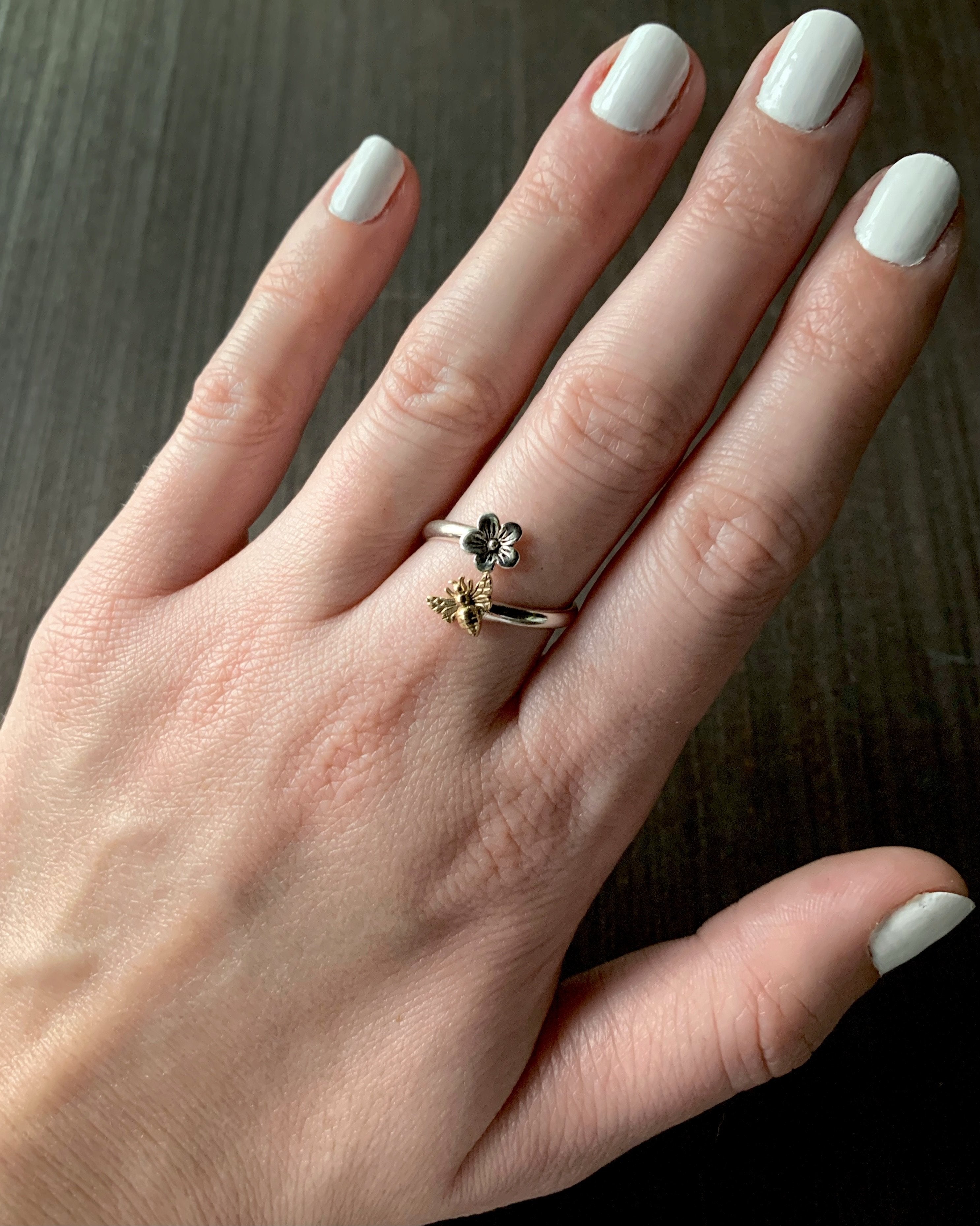 •BEE & BLOSSOM• adjustable recycled silver + bronze ring