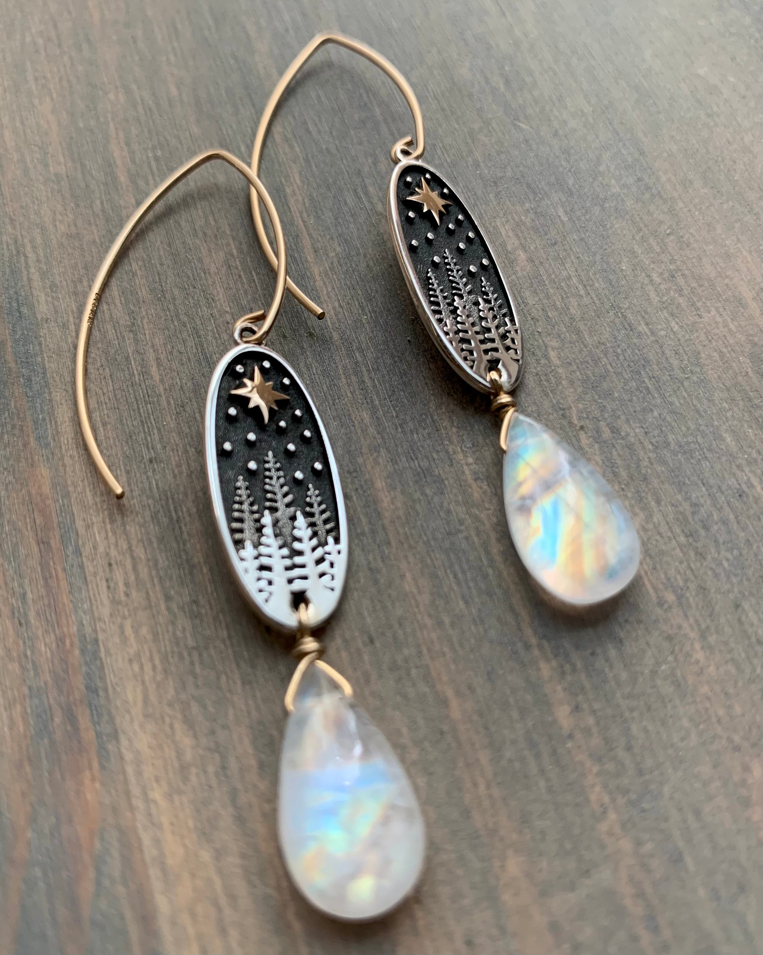 • NIGHT SKY • rainbow moonstone mixed metal dangle earrings