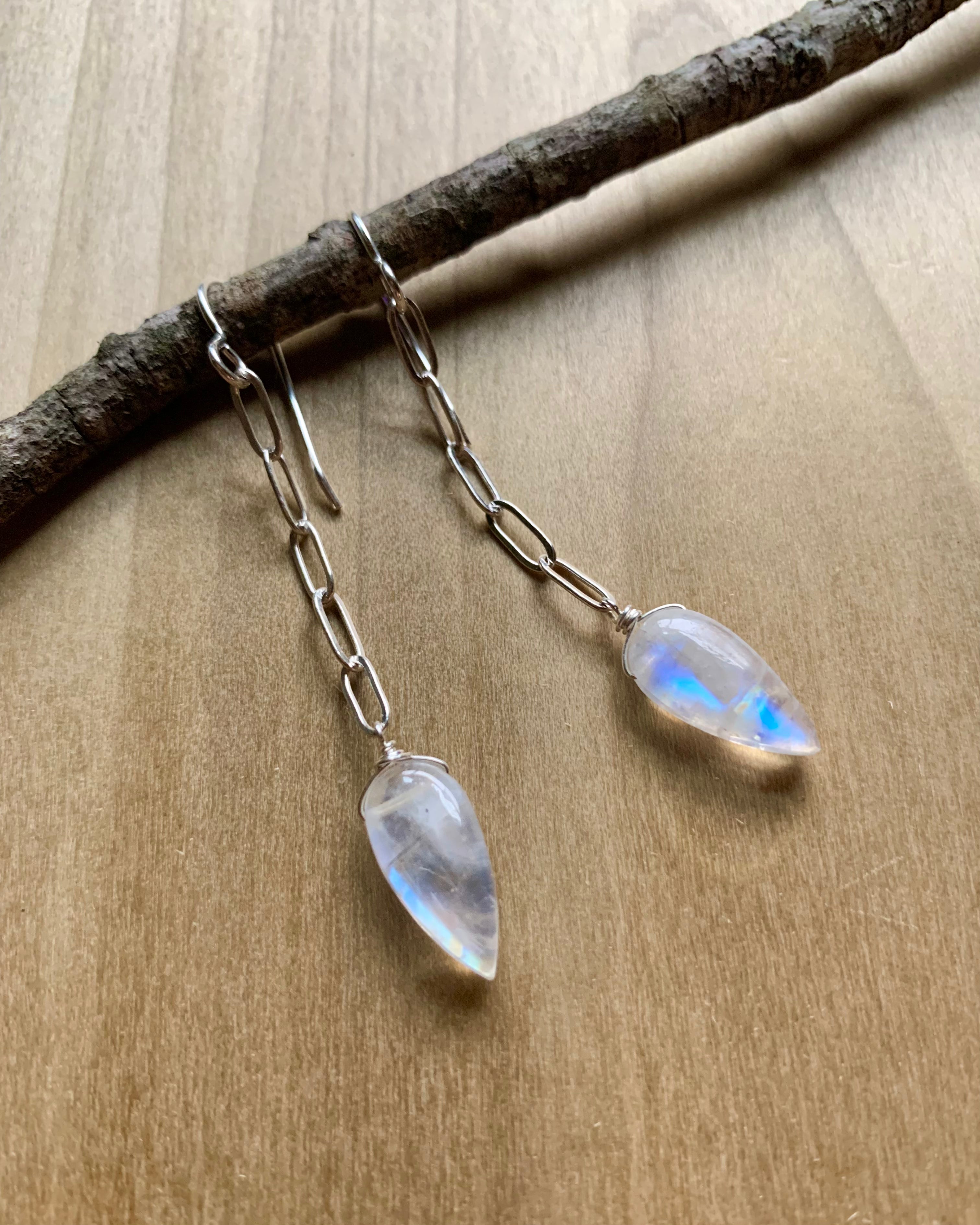 •LINKED• rainbow moonstone + silver dangle earrings