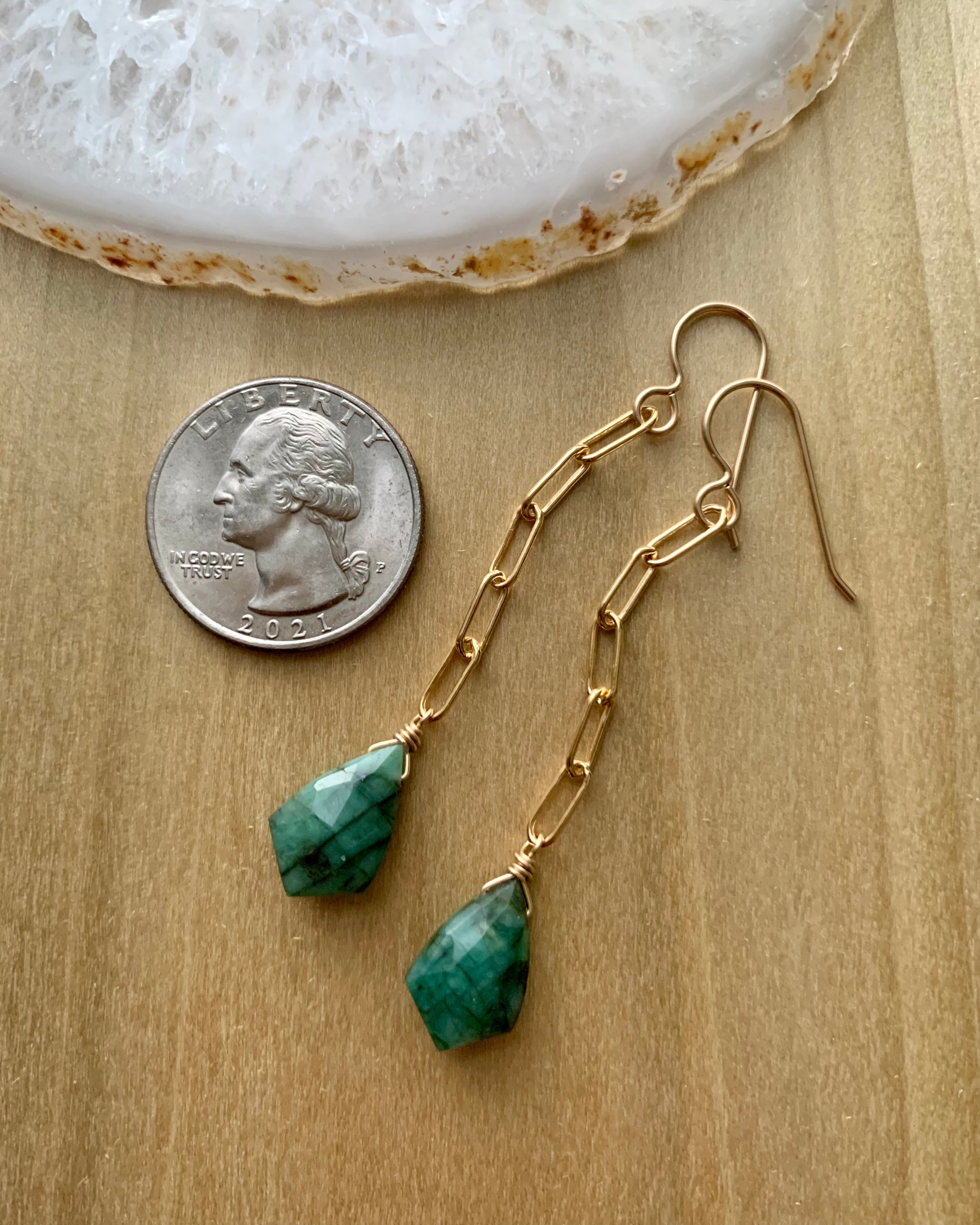 •LINKED• emerald + gold dangle earrings
