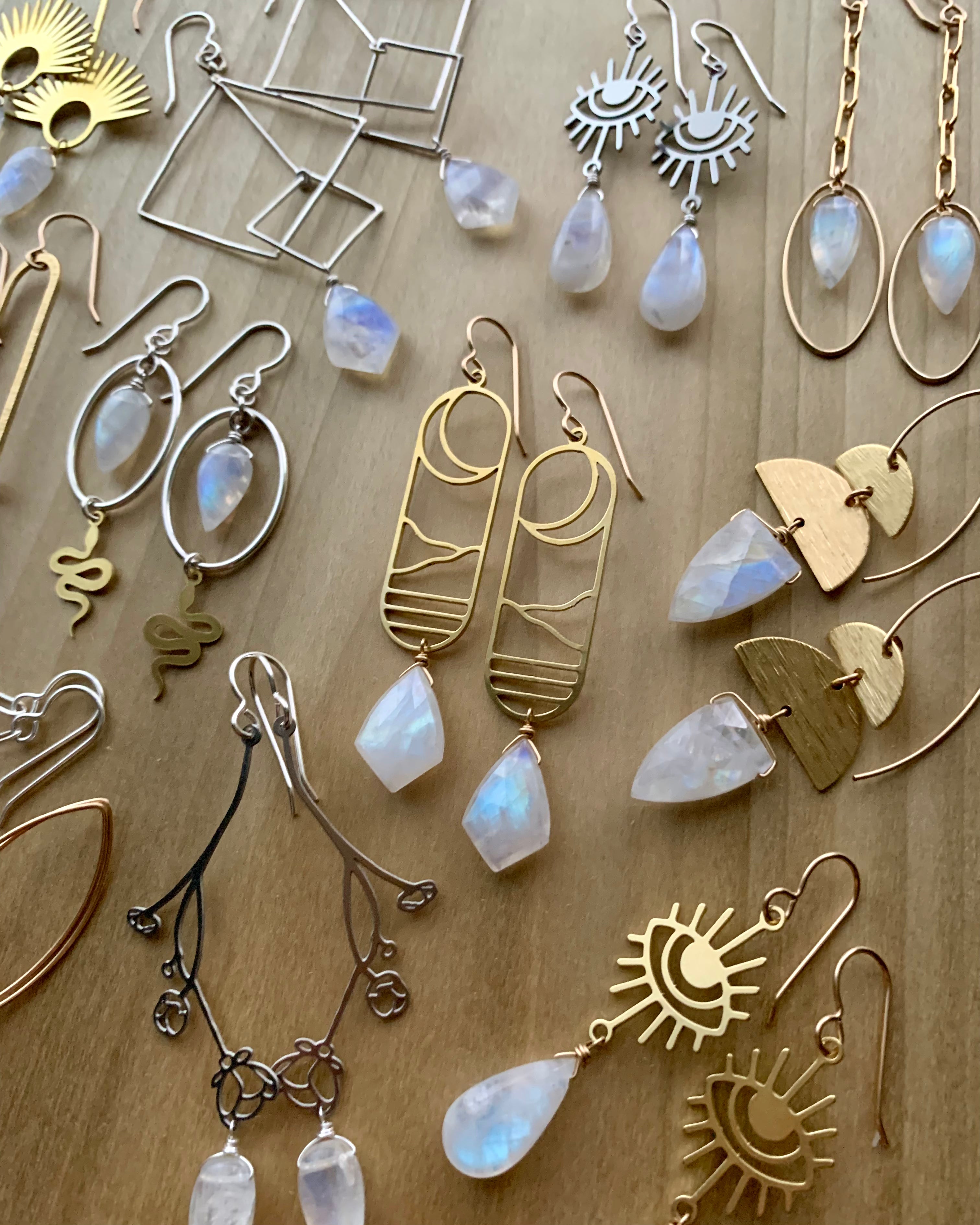 •CRESCENT COVE• rainbow moonstone + gold dangle earrings