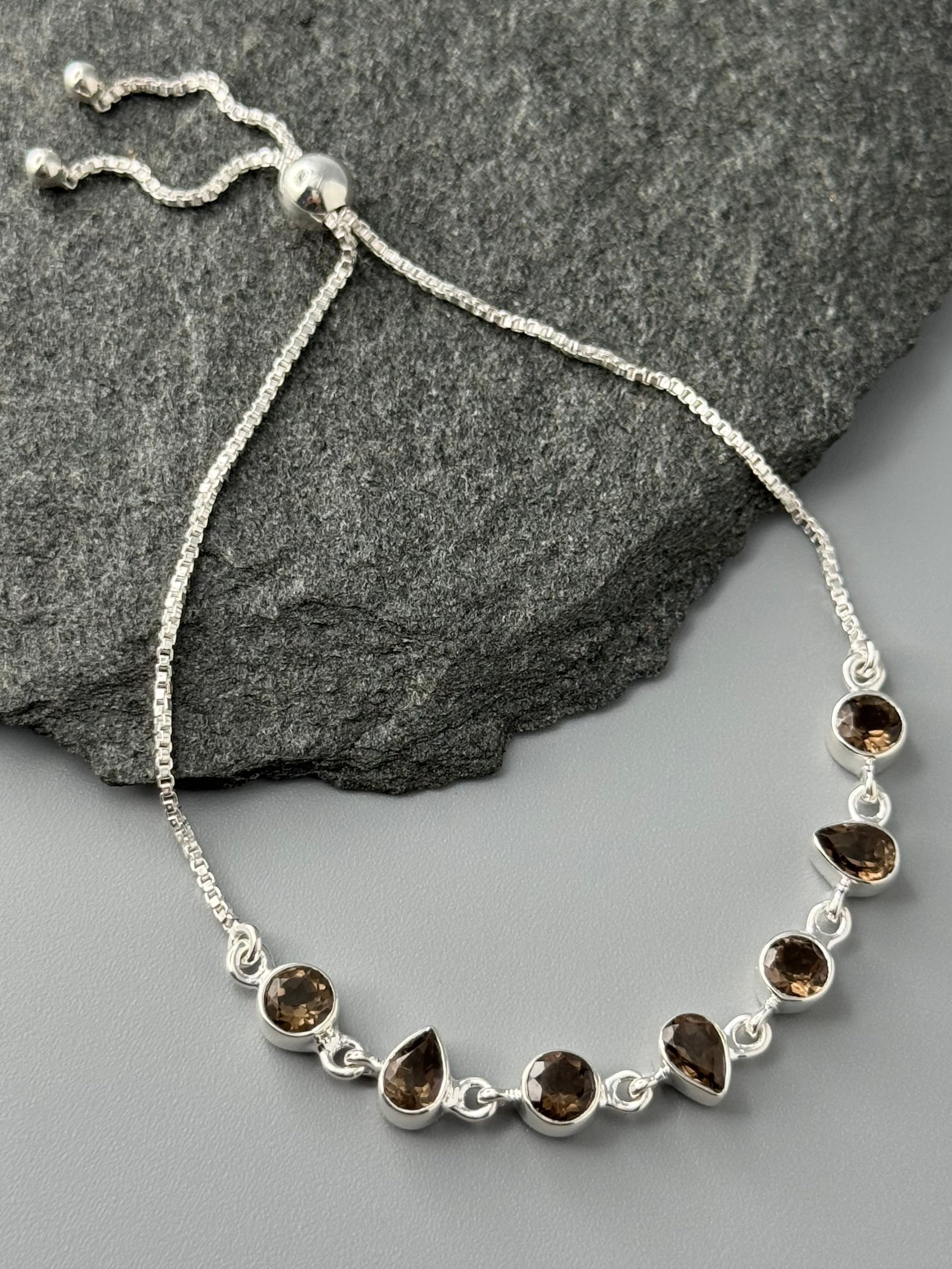•SMOKY QUARTZ - GEO MIX• silver bolo bracelet (adj up to 9")