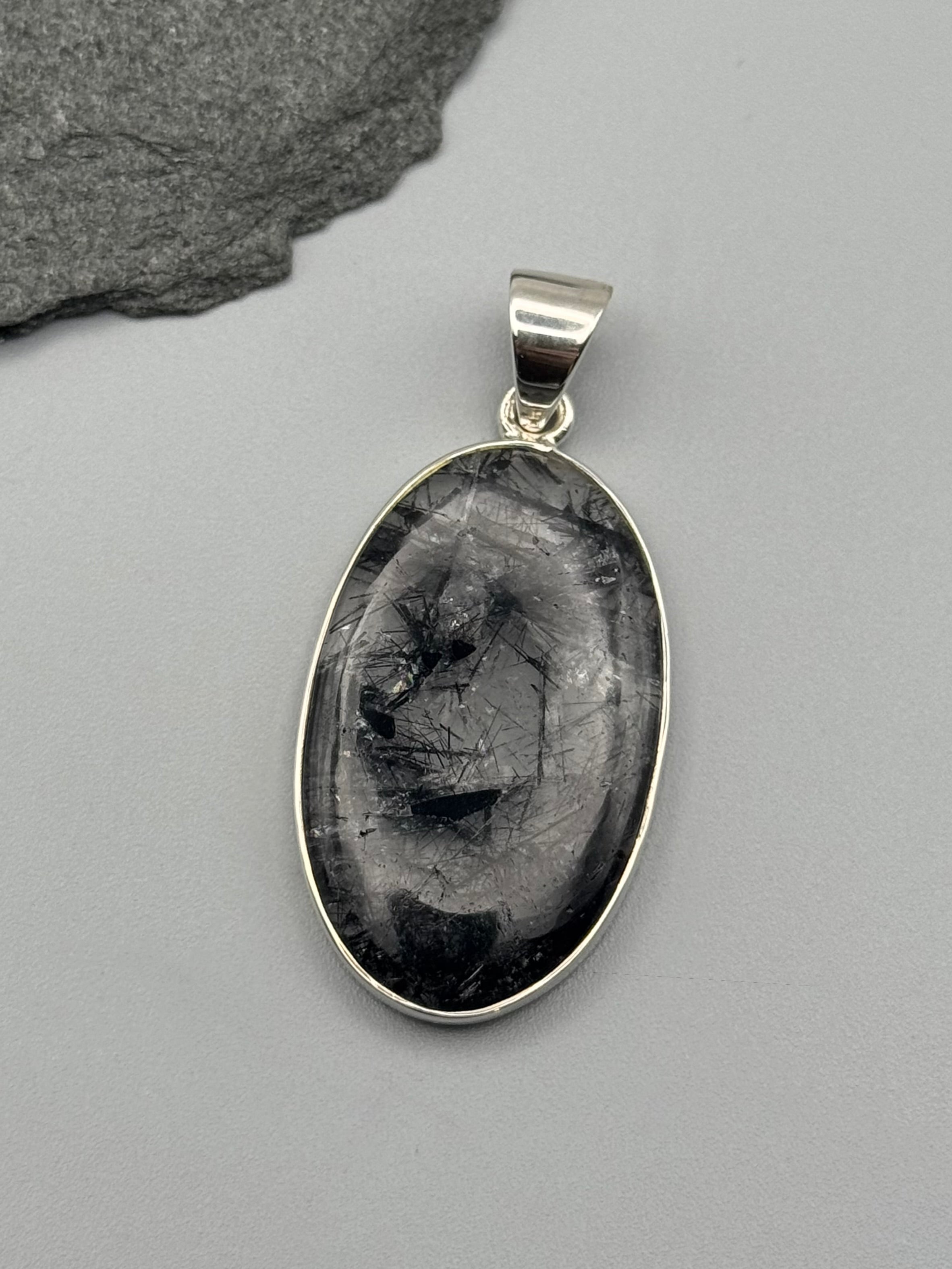 •TOURMALINATED QUARTZ - OVAL 1• sterling silver pendant