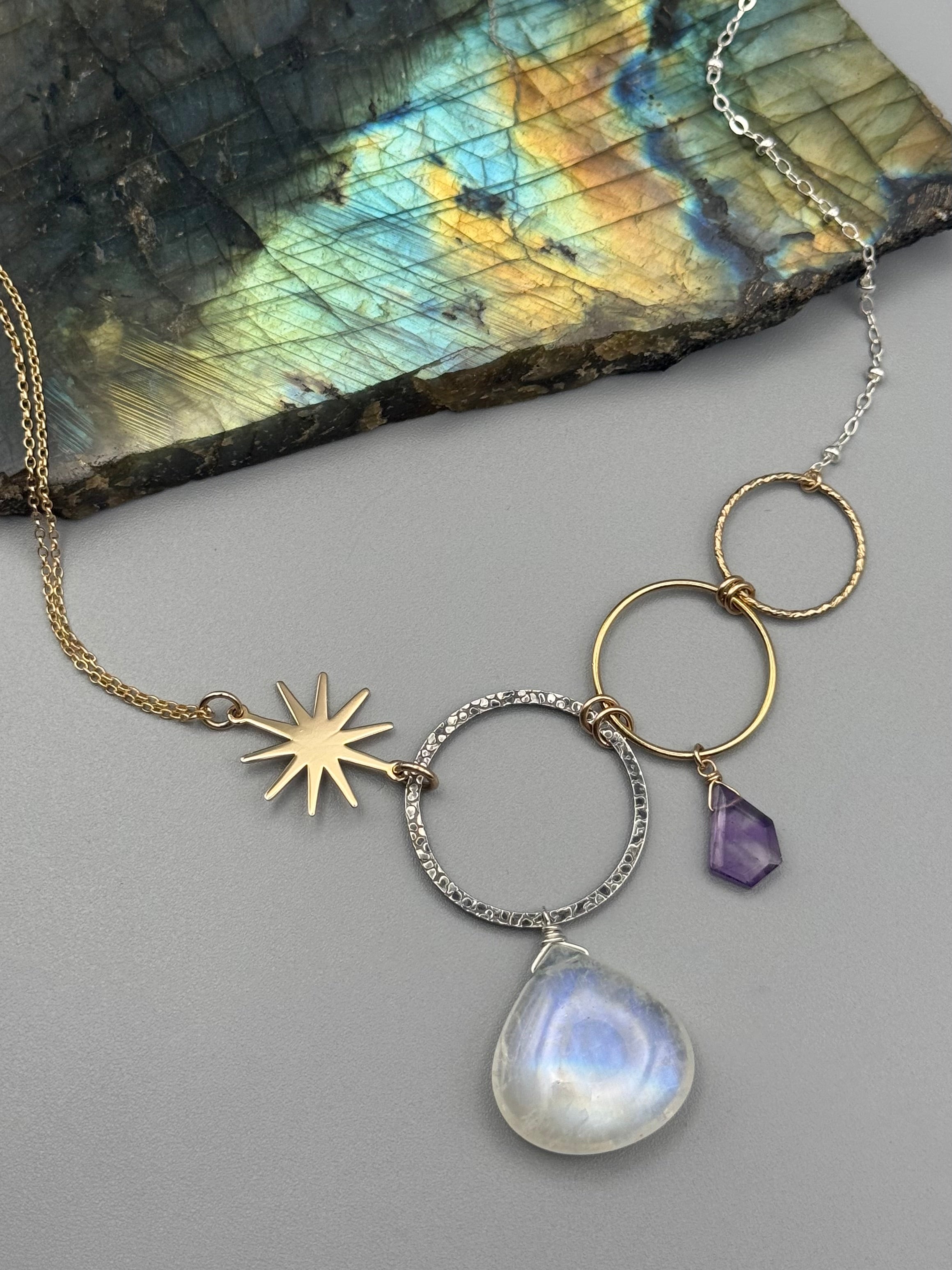 •UNION• rainbow moonstone + amethyst mixed metal necklace (18"-20" long)