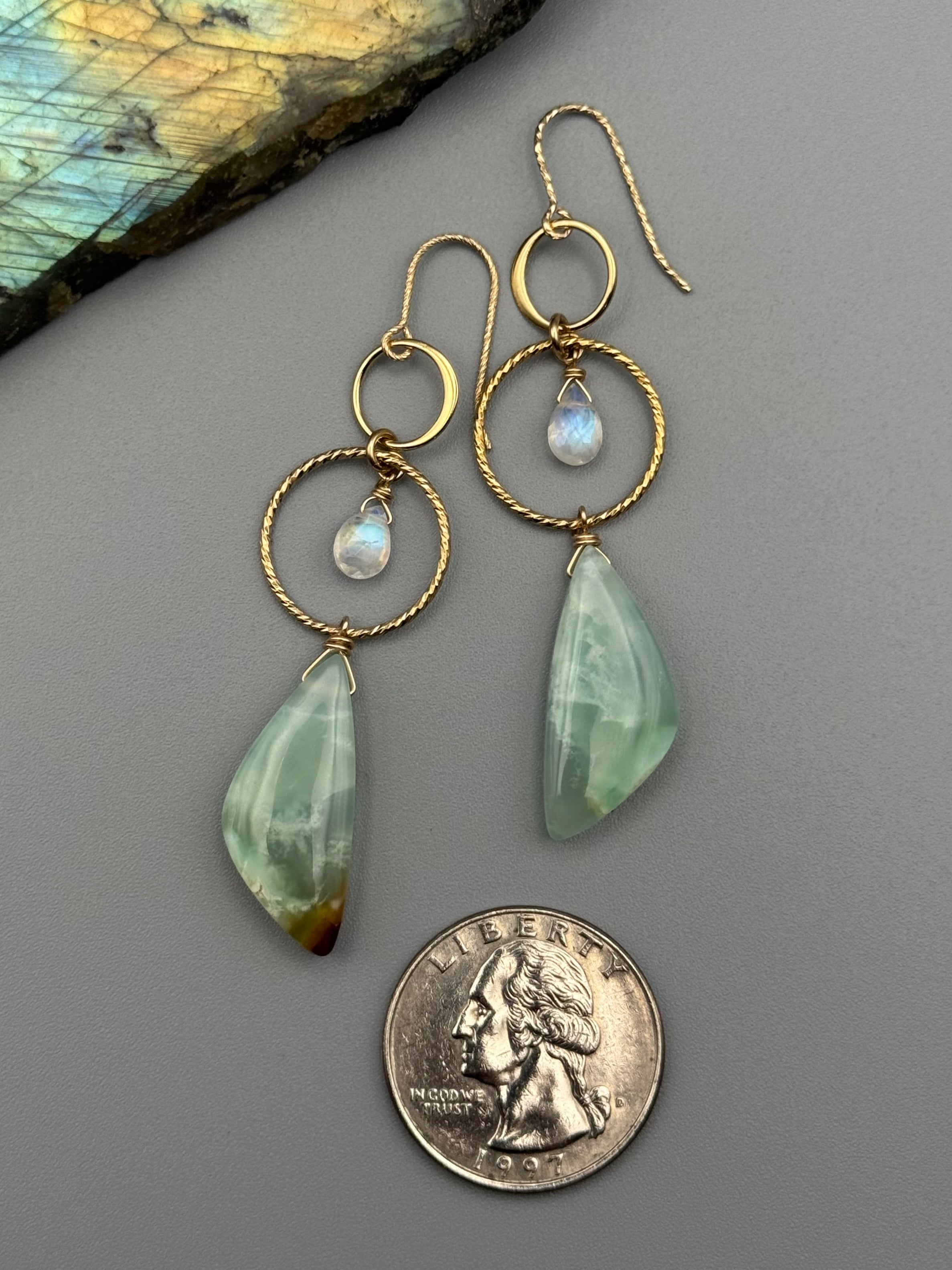 •4 OF CUPS• rainbow moonstone + chrysoprase gold earrings