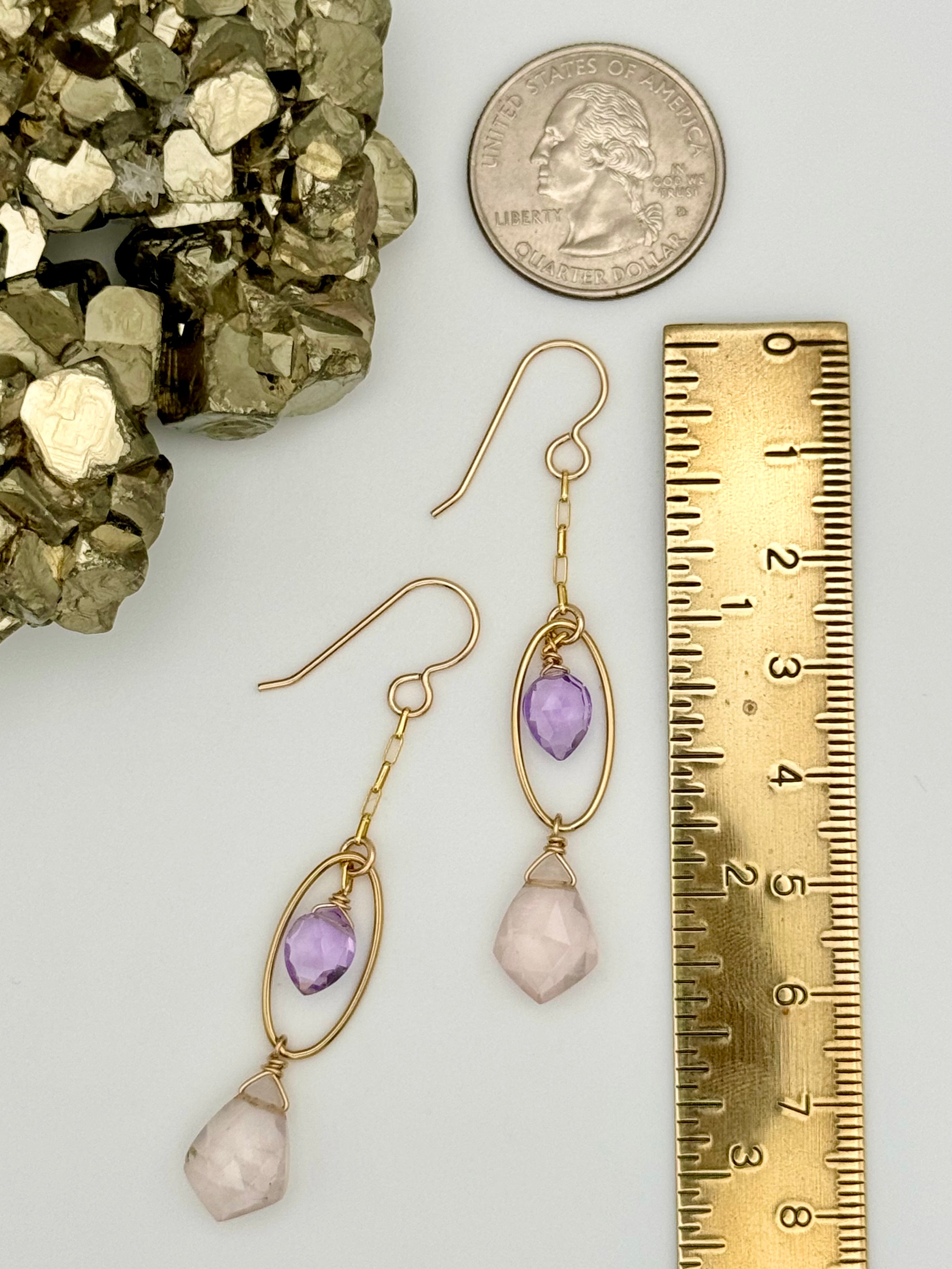 •LUNA SWING• rose quartz + amethyst gold dangle earrings