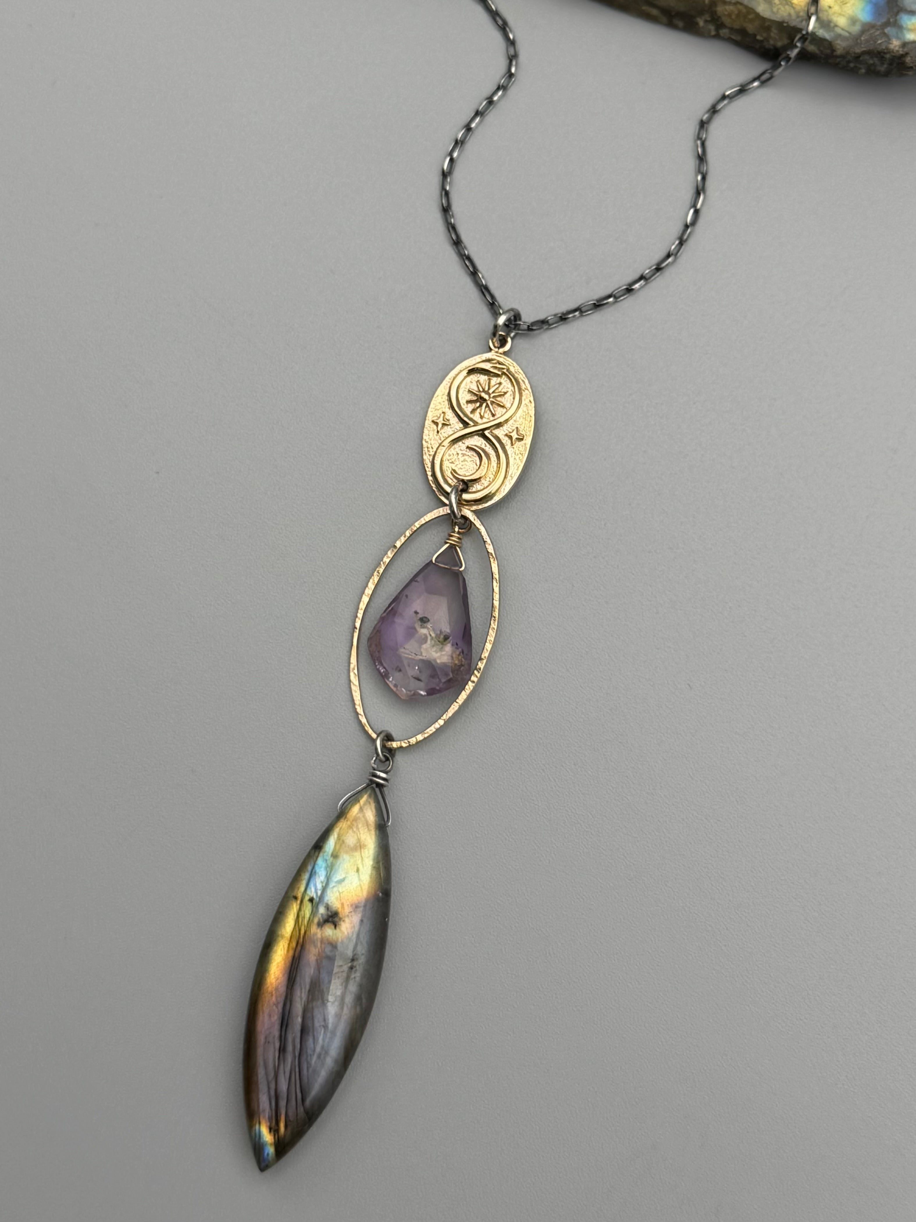 •NĀGA• amethyst + labradorite mixed metal necklace (26"-28" long)