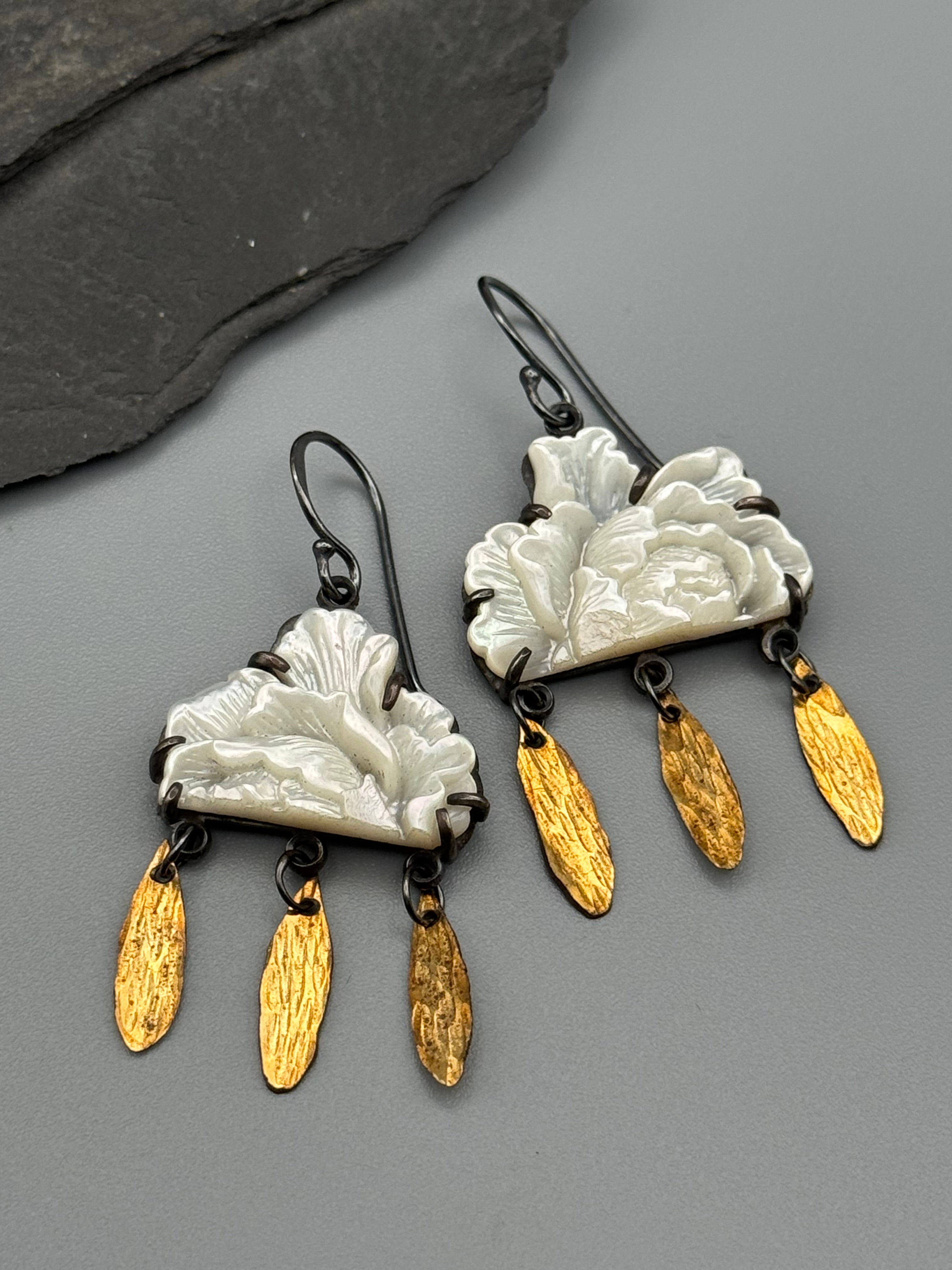 •RAIN FLOWER• carved mother of pearl + mixed metal dangle earrings