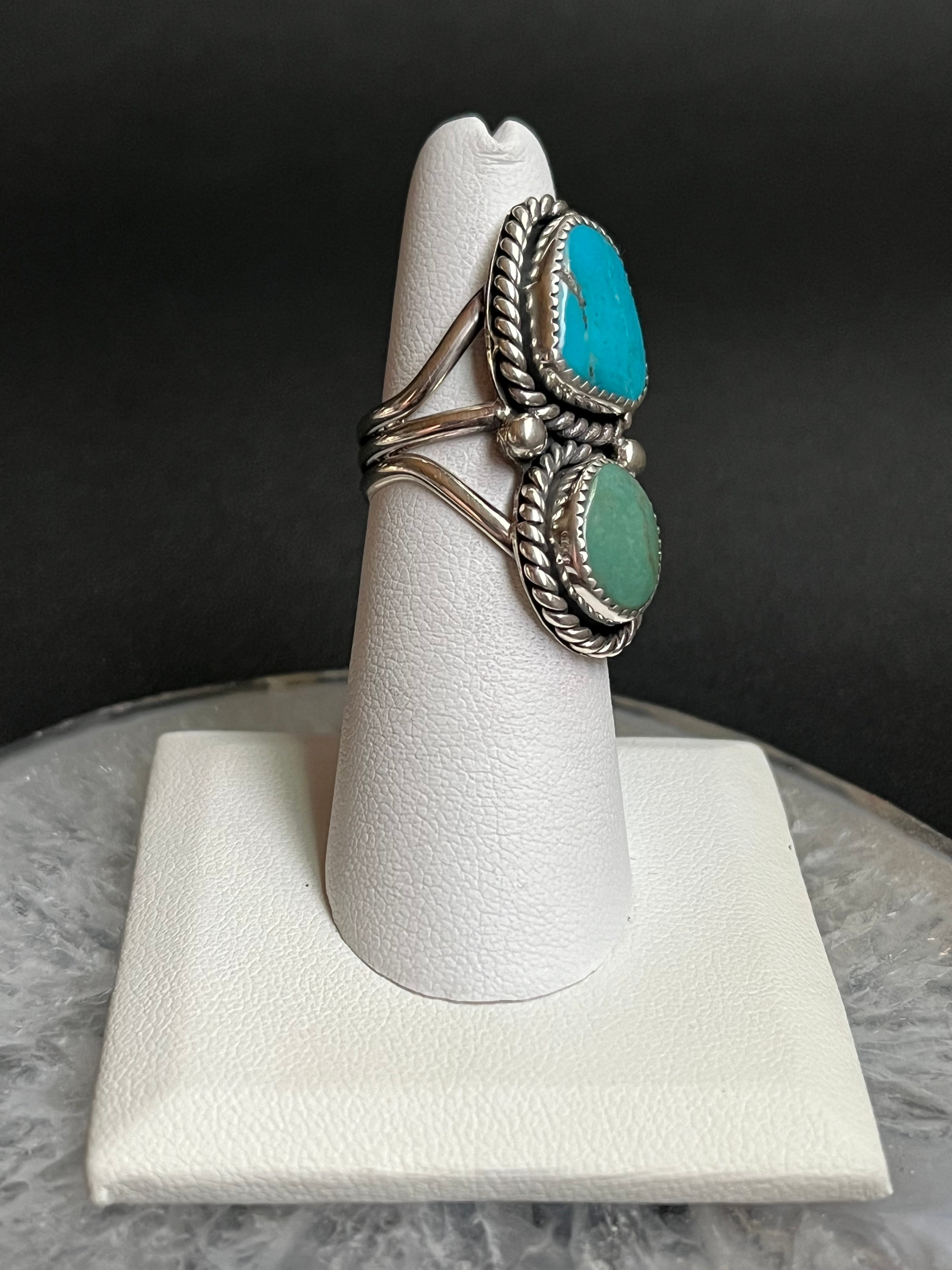 •KINGMAN TURQUOISE• Navajo silver double stone ring - size 6