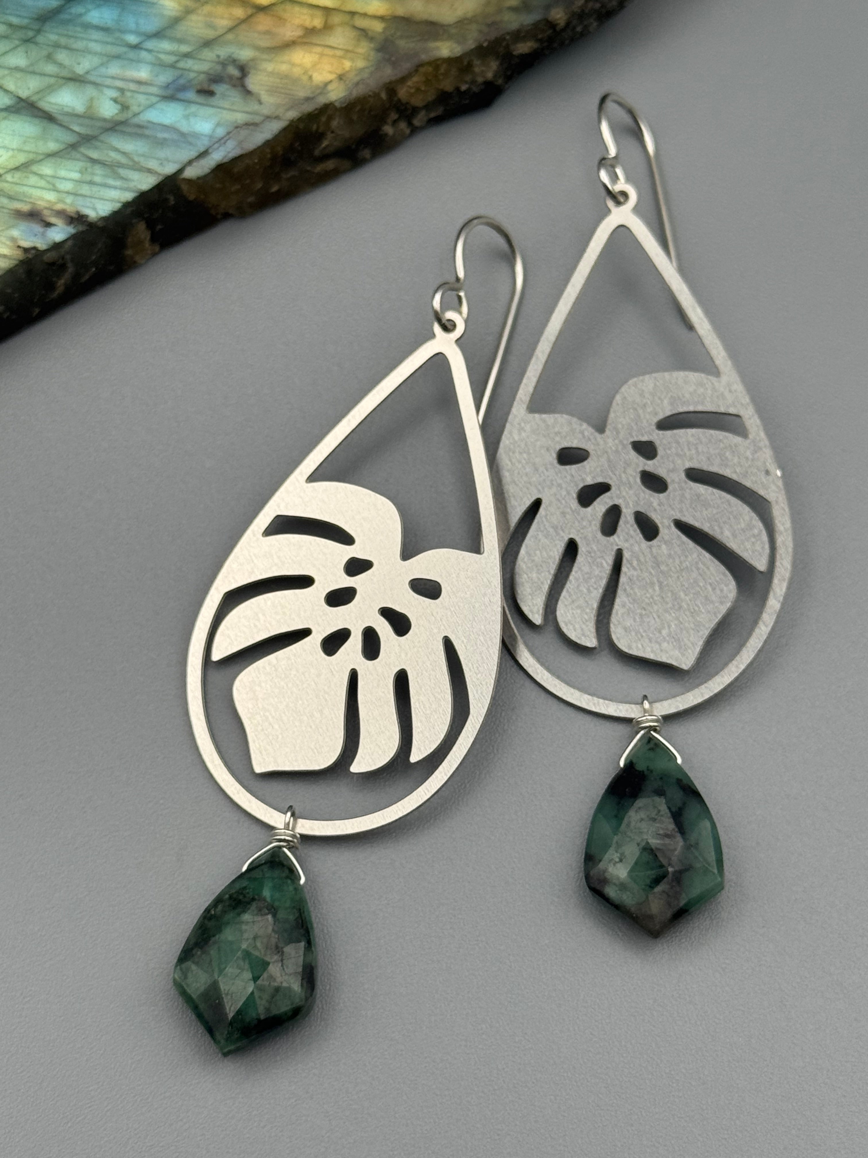 •MONSTERA• emerald + silver earrings