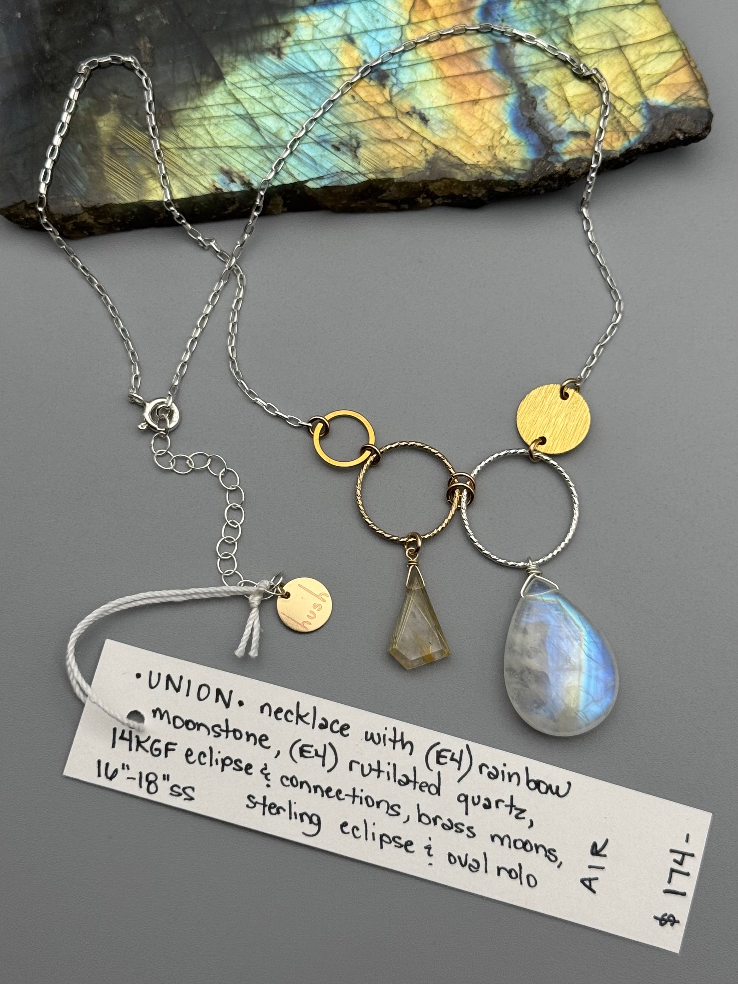 •UNION• rutilated quartz + rainbow moonstone mixed metal necklace (16"-18" long)