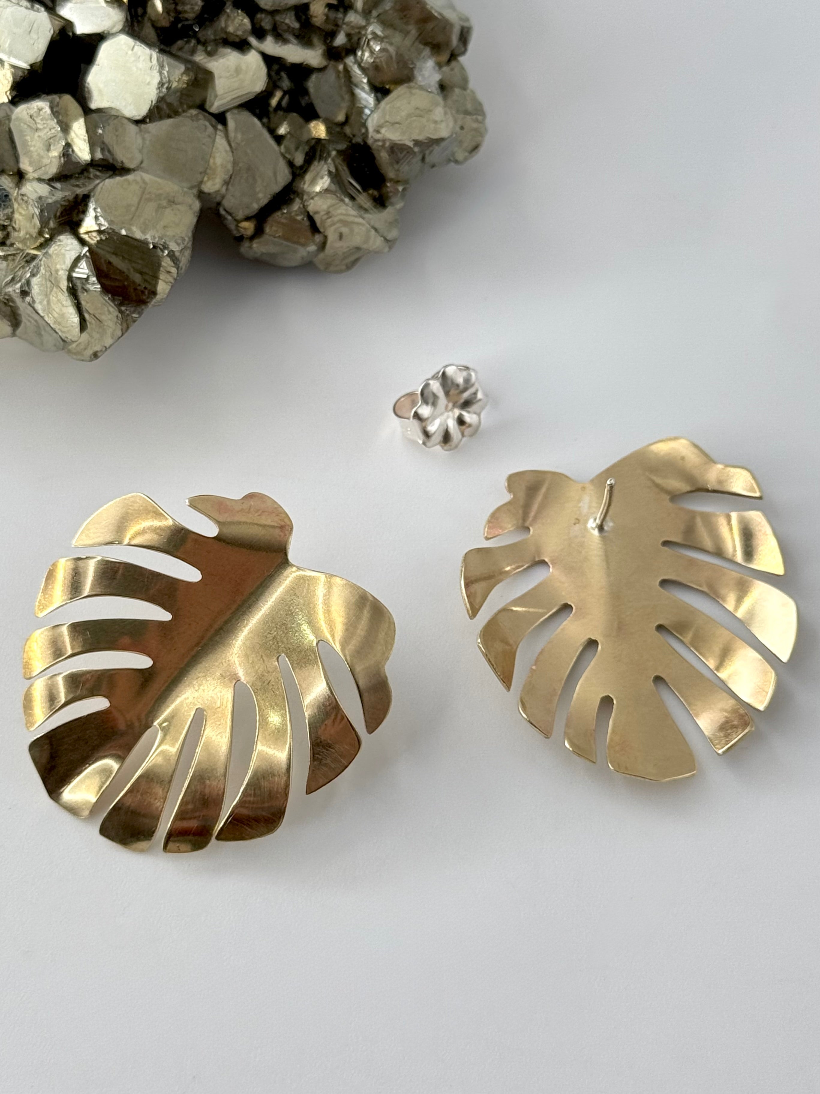 •LARGE MONSTERA• brass + silver post earrings